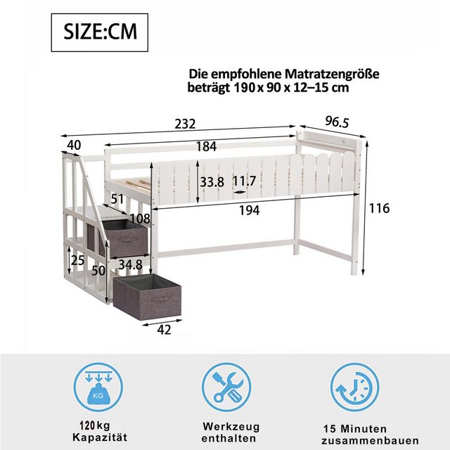 Ulife Kinderbett Einzelbett Massivholzbett mit Sicherheitsleiter 90*190cm, günstig online kaufen