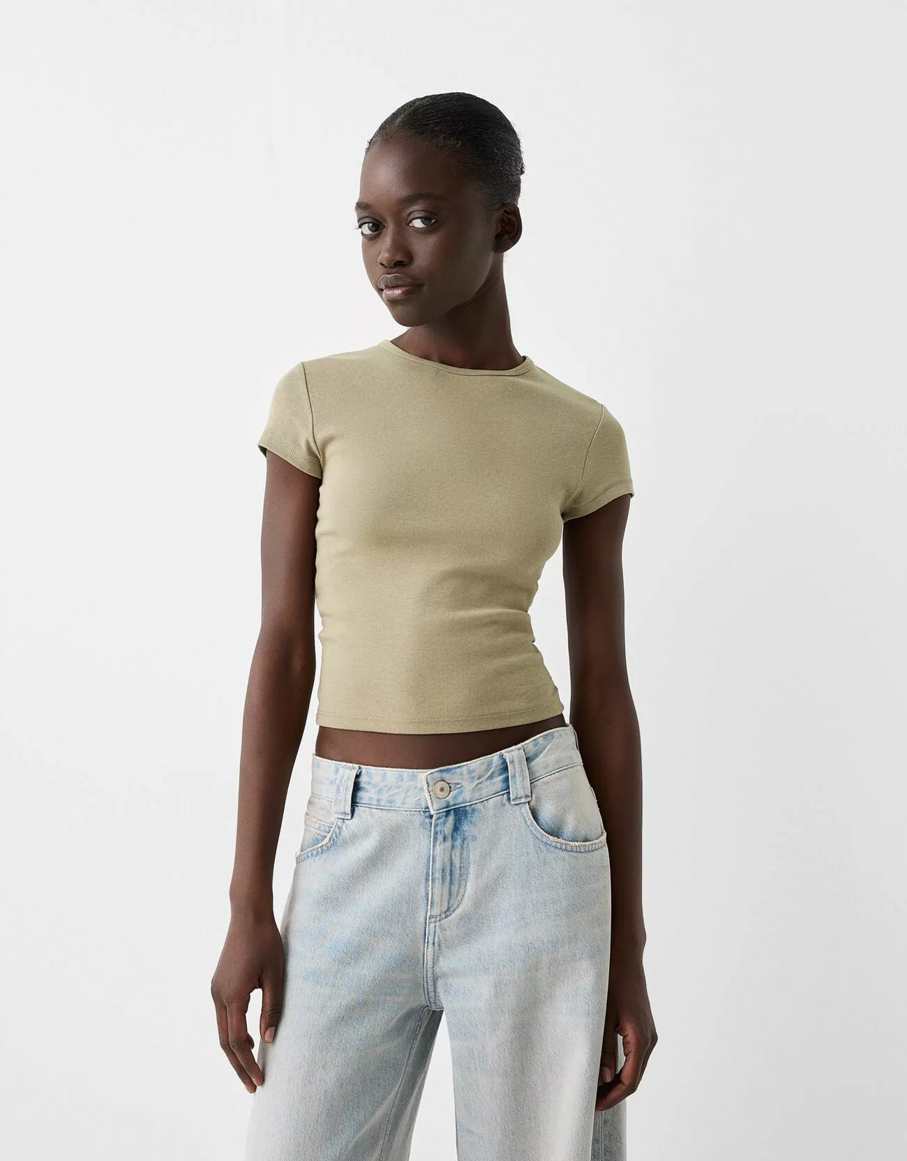 Bershka T-Shirt Rundausschnitt Damen 10-12 Khaki günstig online kaufen