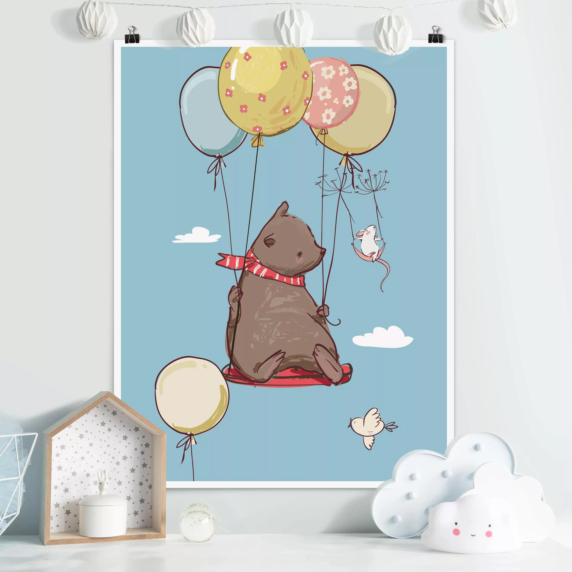Poster Kinderzimmer - Hochformat Bär und Maus fliegen günstig online kaufen
