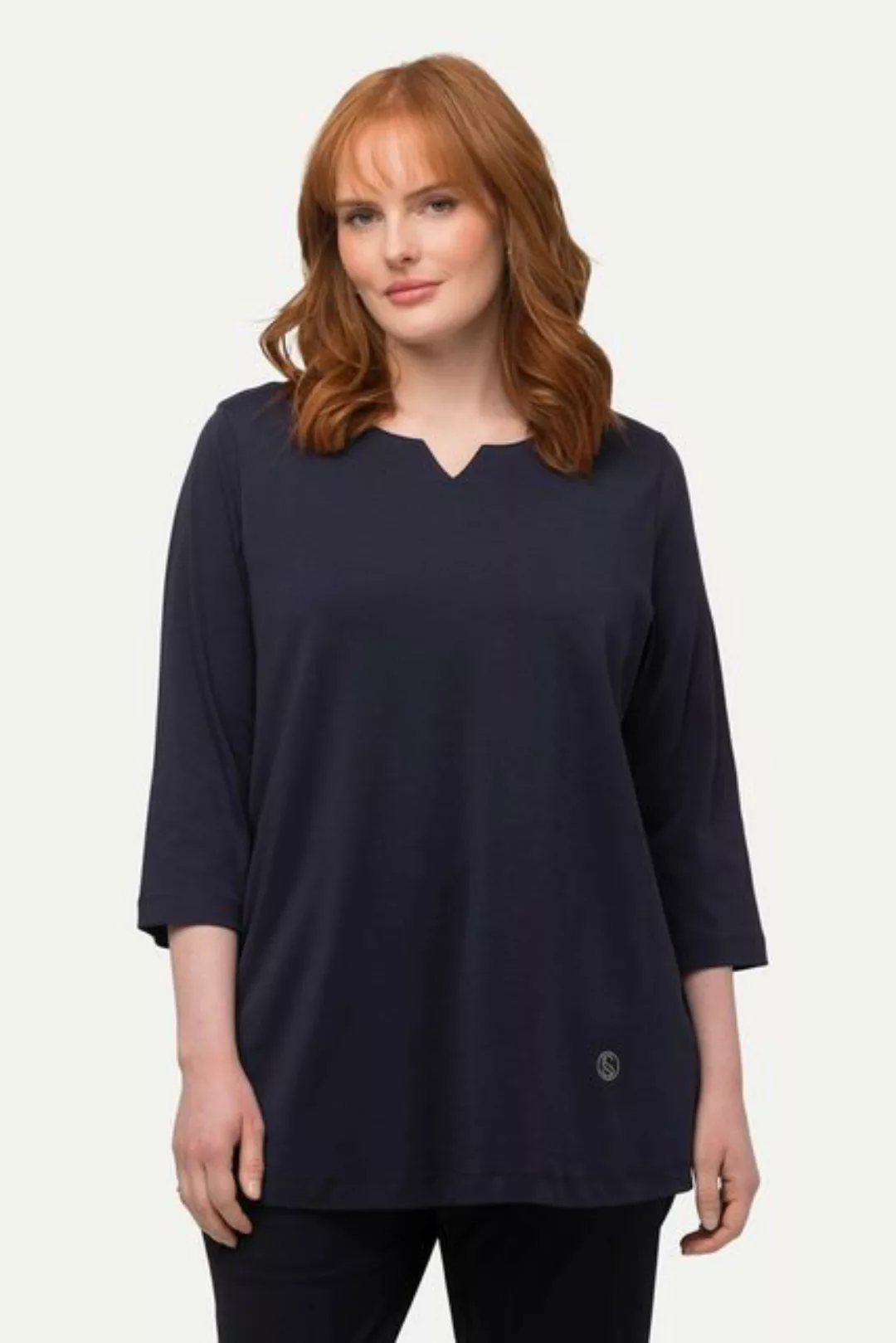 Ulla Popken Rundhalsshirt Shirt Pima Cotton A-Linie V-Ausschnitt 3/4-Arm günstig online kaufen