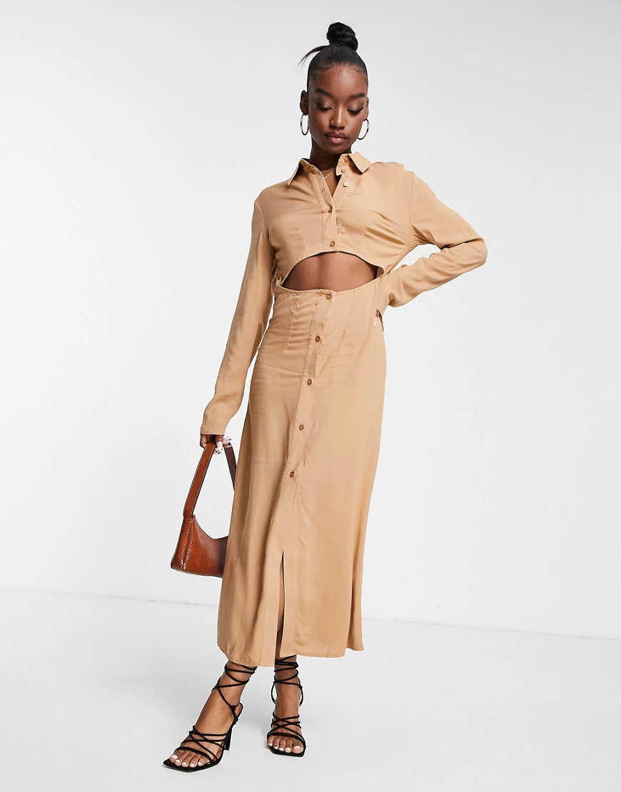 ASOS DESIGN – Midi-Hemdkleid in Hellbraun mit Zierausschnitt und Knotendeta günstig online kaufen