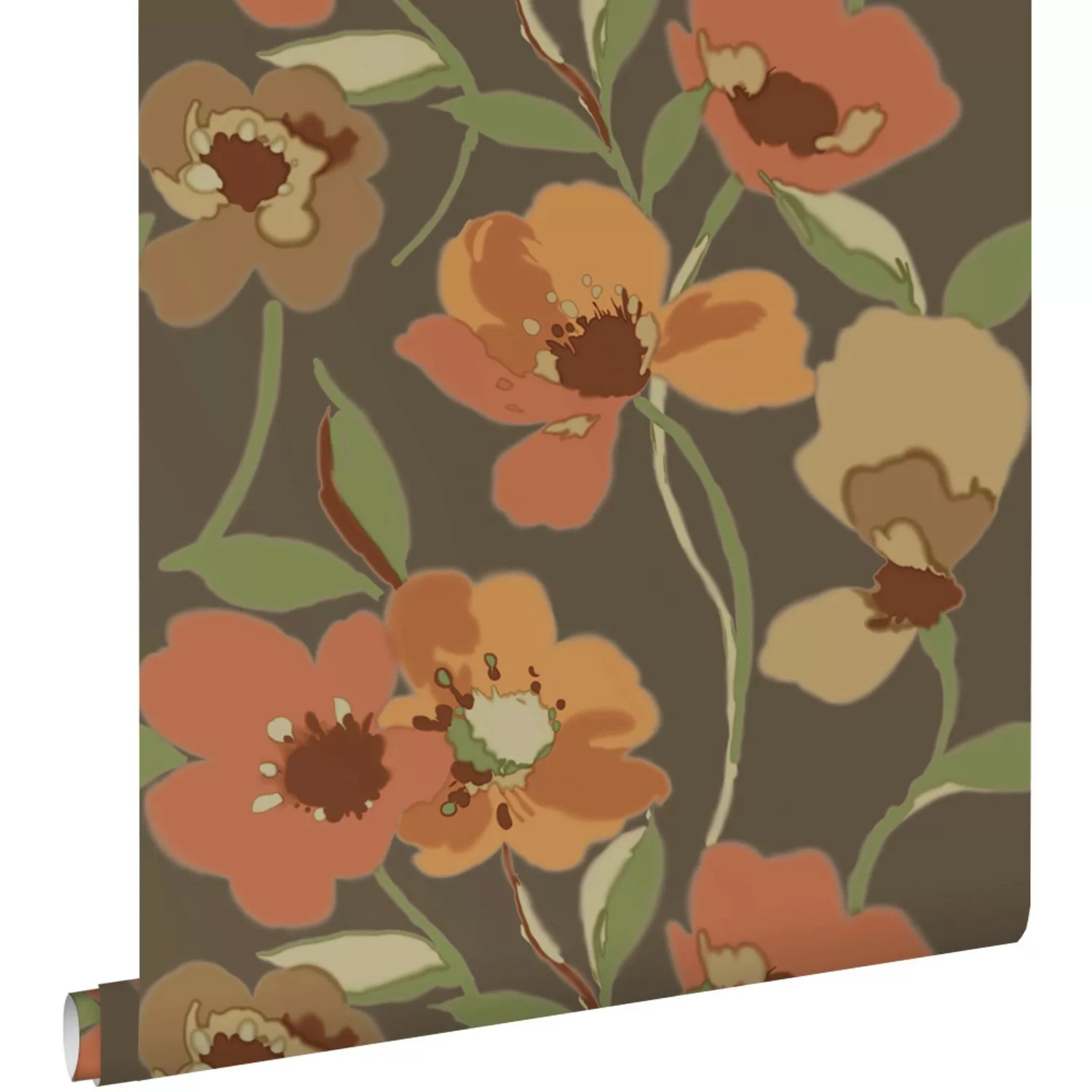 ESTAhome Tapete Blumen Orange und Graugrün 50 x 900 cm 130990 günstig online kaufen