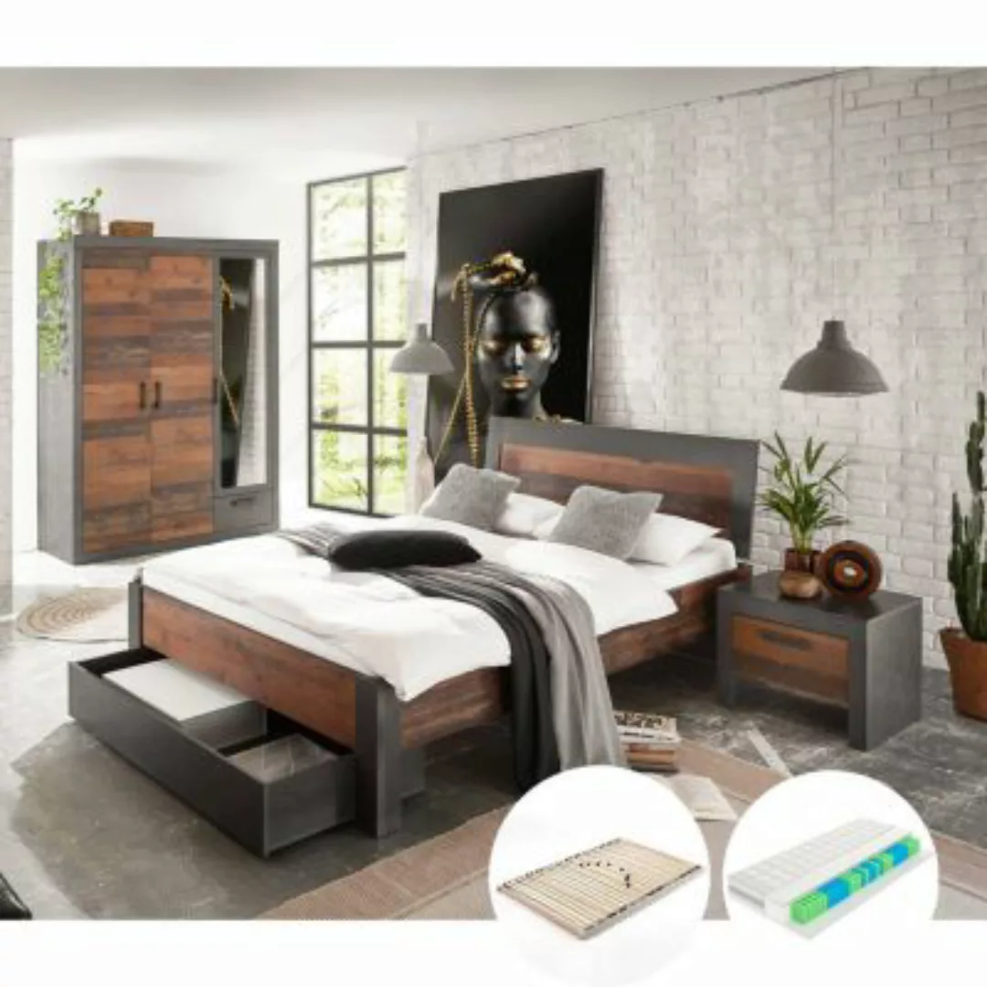 Lomadox Schlafzimmer Komplett Set in Matera anthrazit/grau mit Old Mix Deko günstig online kaufen