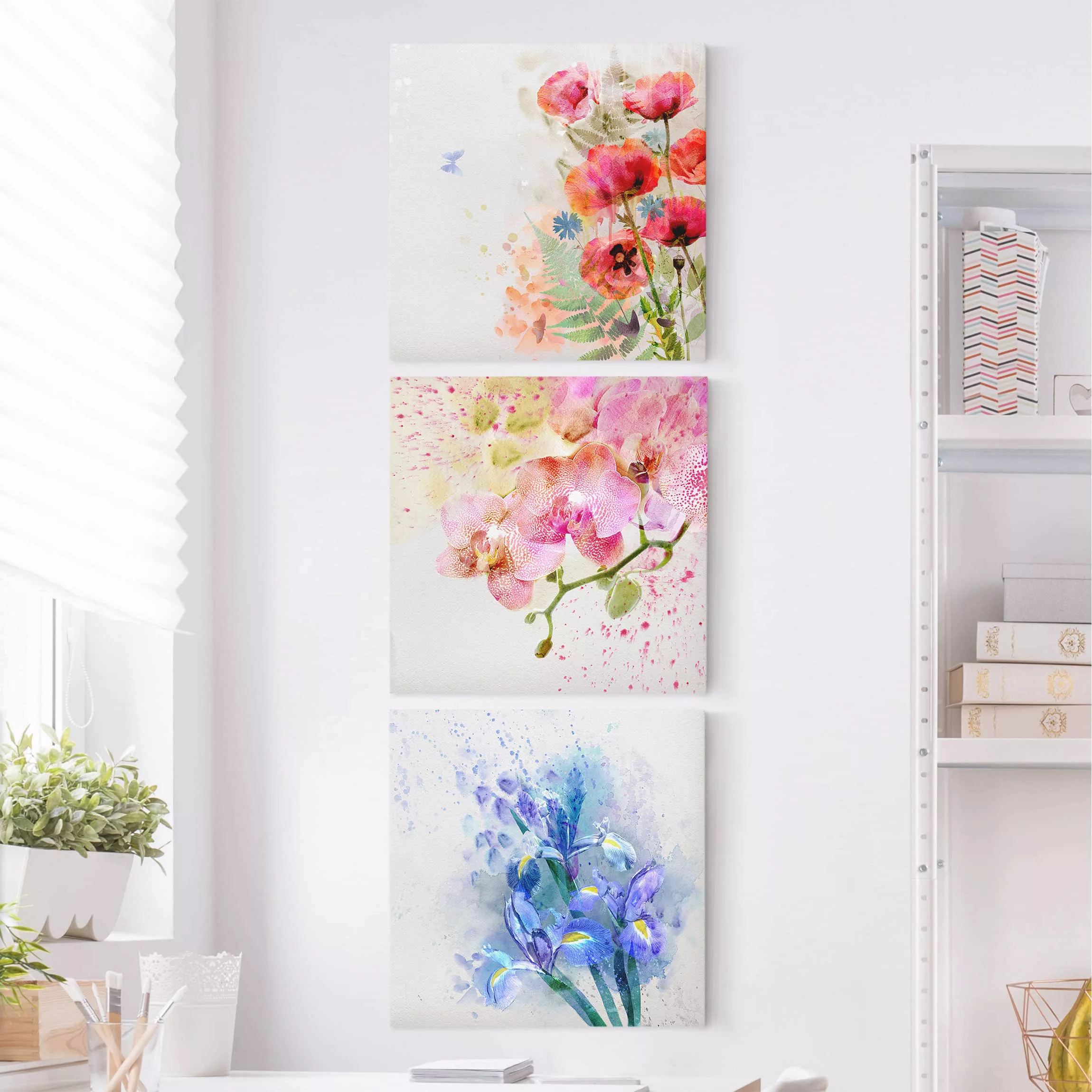 3-teiliges Leinwandbild Blumen - Quadrat Aquarell Blumen Trio günstig online kaufen