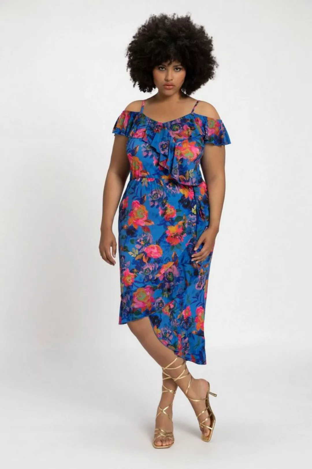 Ulla Popken Sommerkleid Midikleid Off Shoulder Blüten Print Rüschen günstig online kaufen