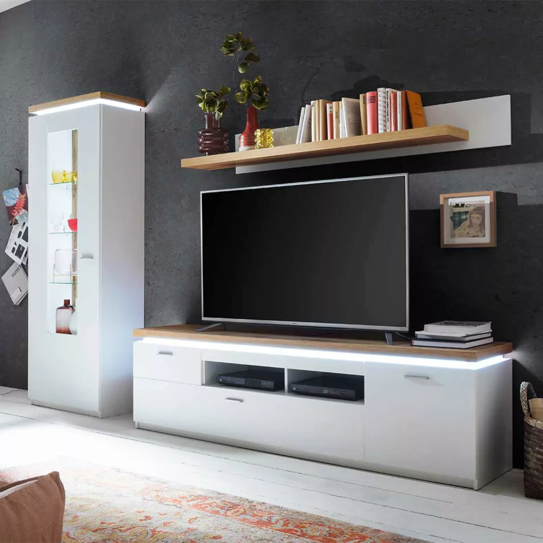 TV Wohnwand in Weiß und Wildeiche Optik LED Beleuchtung (dreiteilig) günstig online kaufen