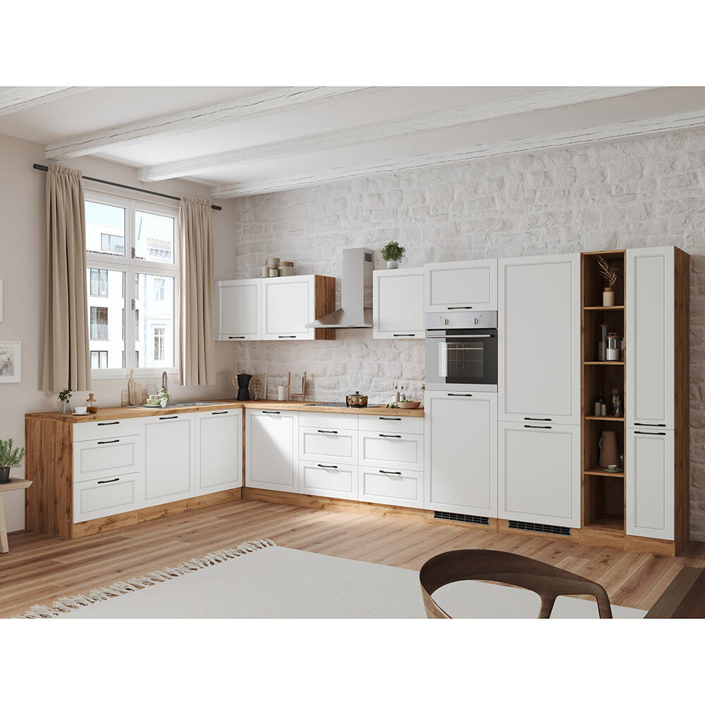 Winkelküche 420/240 cm mit E-Geräten in weiß und Eiche, Arbeitsplatte in Ei günstig online kaufen