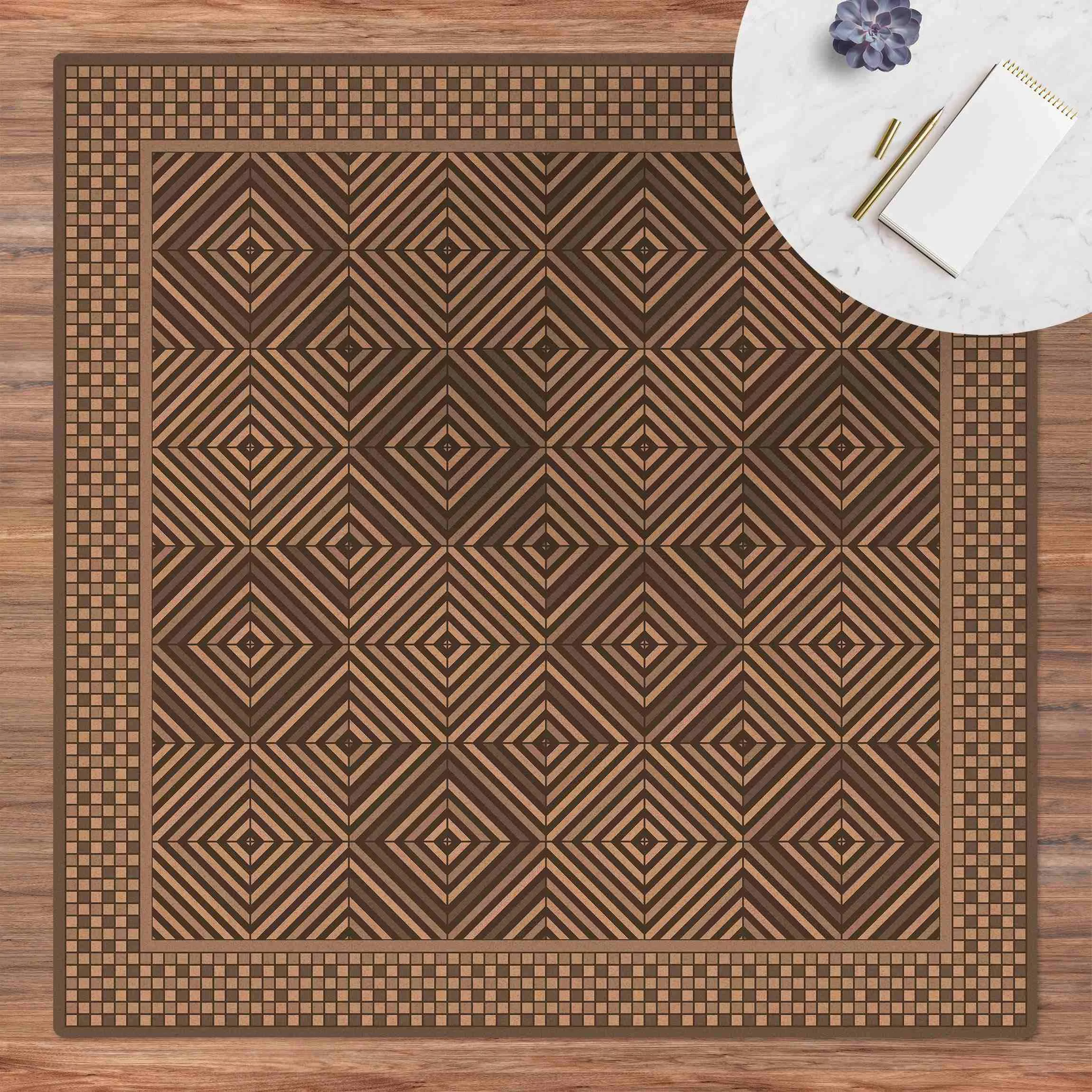 Kork-Teppich Geometrische Fliesen Strudel Grau mit Mosaikrahmen günstig online kaufen