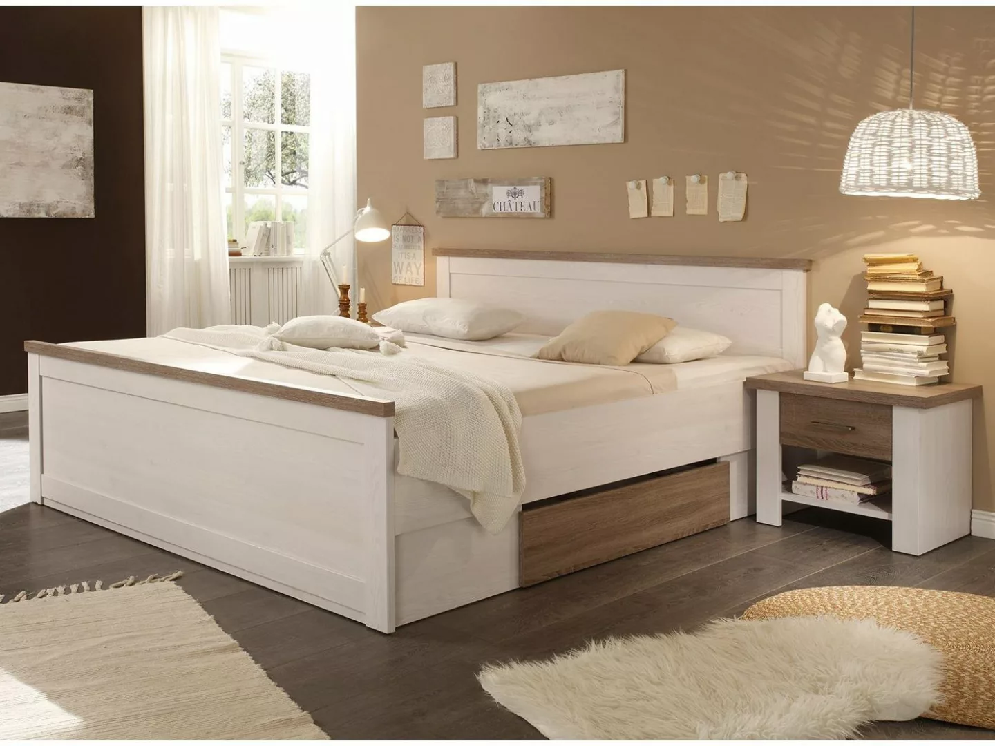 möbelando Bett Lebbie (3-tlg), Modernes Bett aus Spanplatte in Pinie Weiß N günstig online kaufen