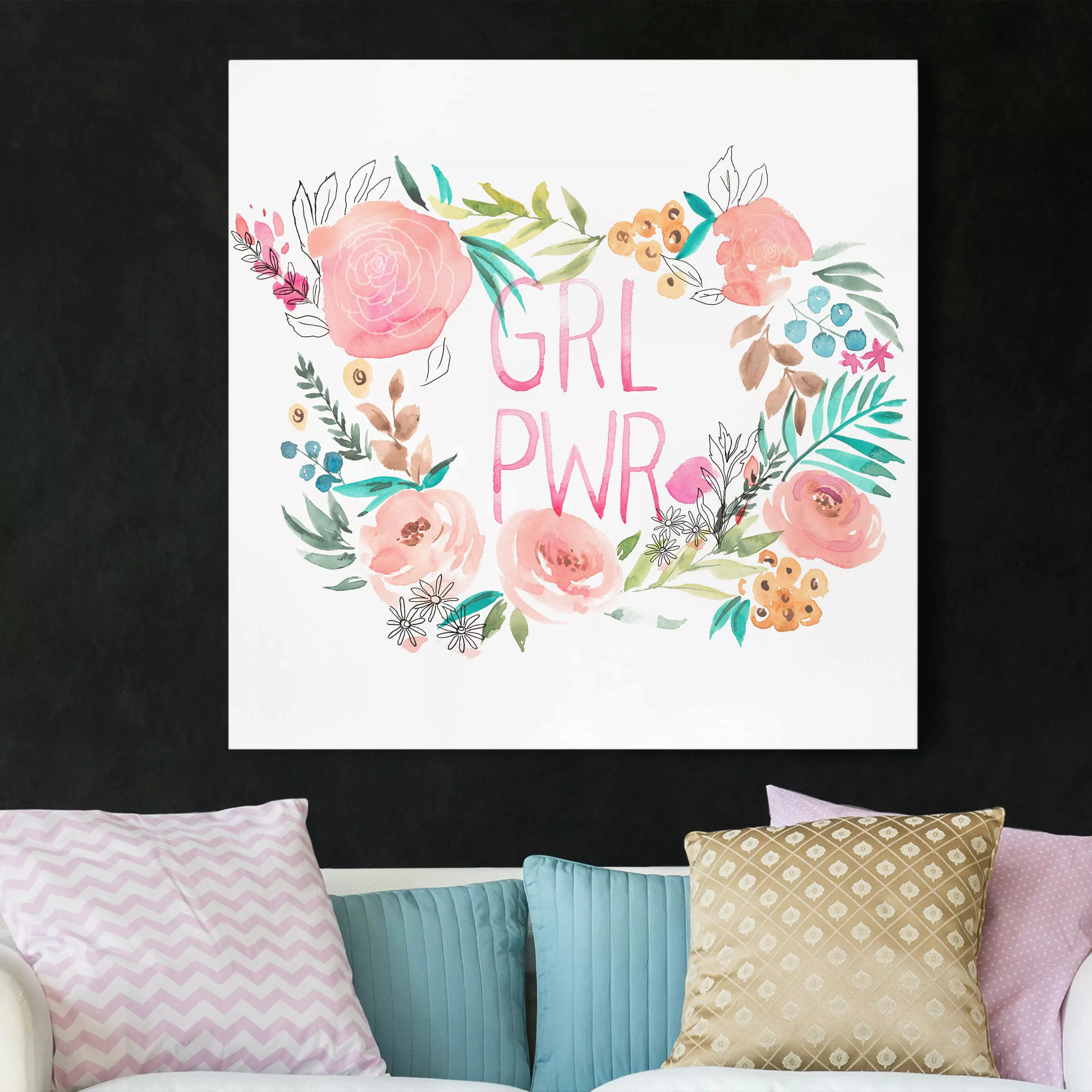 Leinwandbild Kinderzimmer - Quadrat Rosa Blüten - Girl Power günstig online kaufen