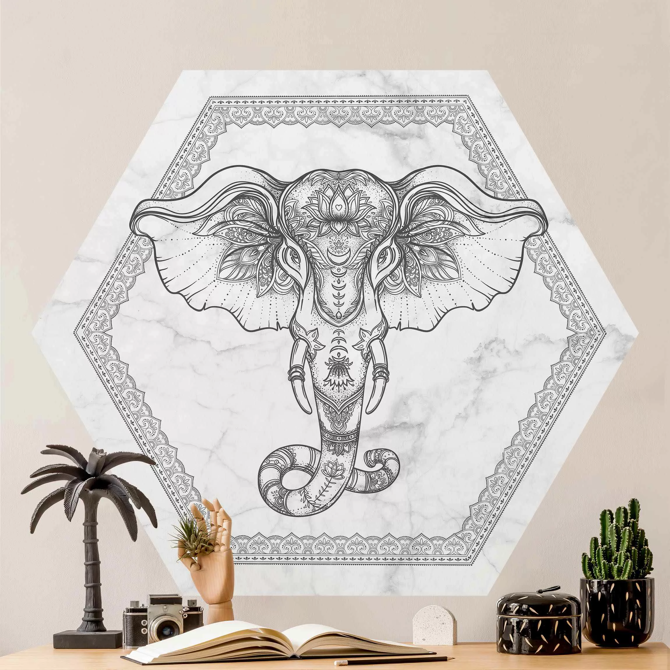 Hexagon Fototapete Spiritueller Elefant in Marmoroptik günstig online kaufen