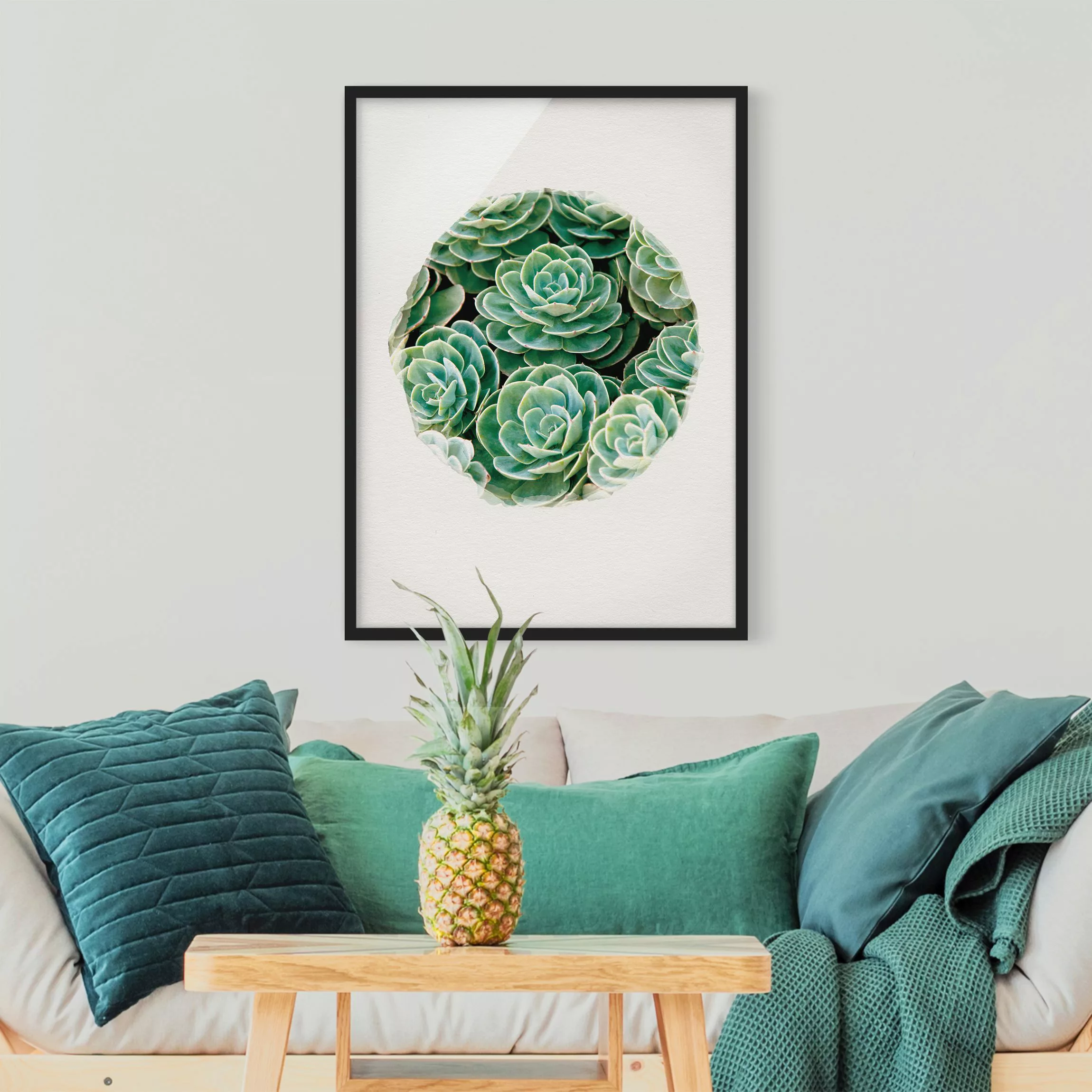 Bild mit Rahmen Blumen - Hochformat Wasserfarben - Grüne Sukkulenten günstig online kaufen