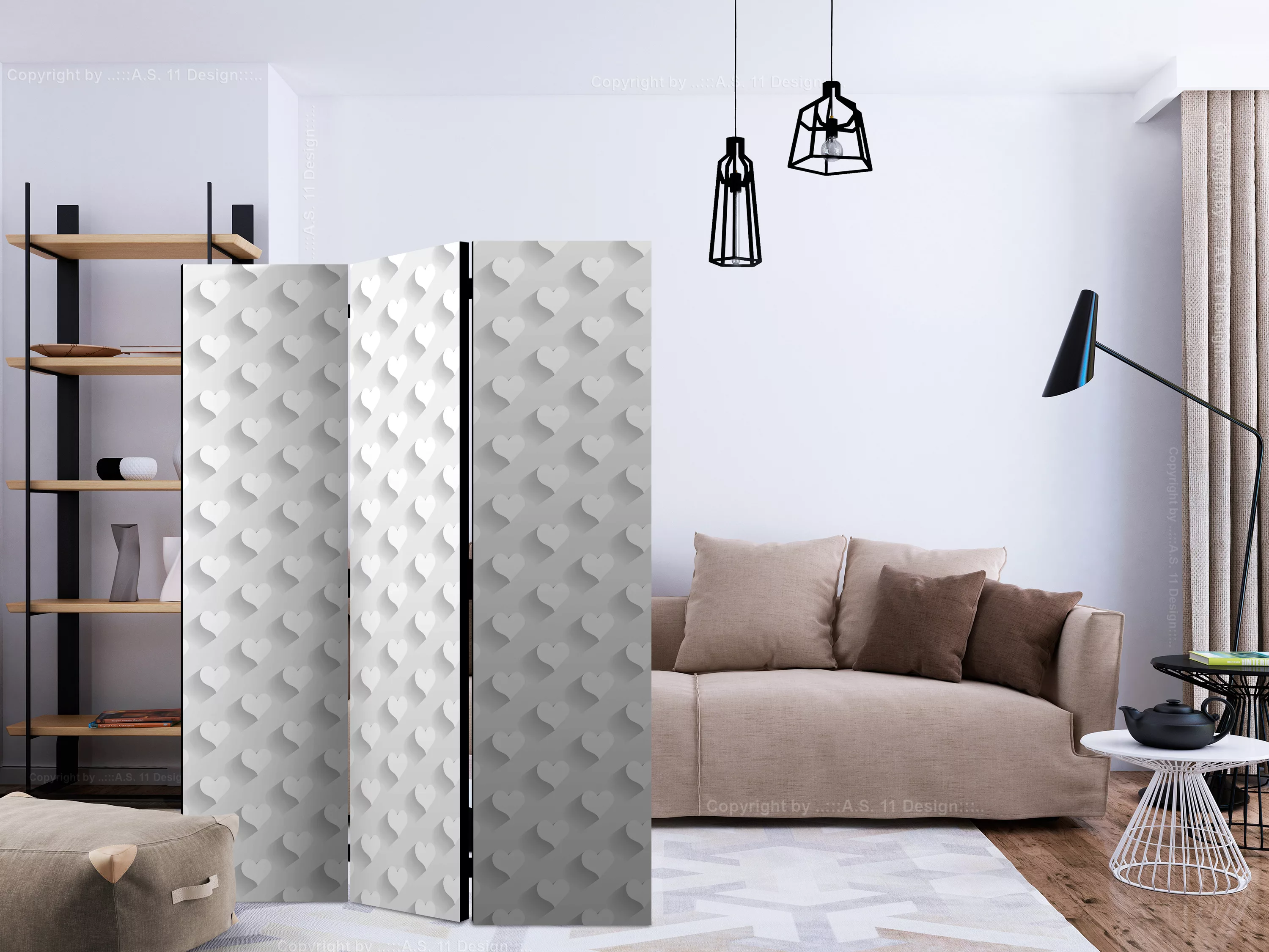 3-teiliges Paravent - Grey Hearts [room Dividers] günstig online kaufen