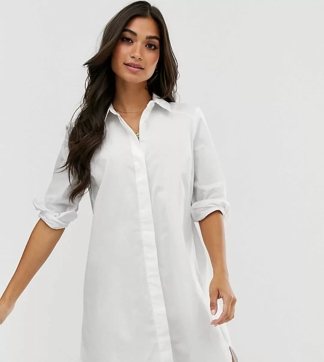 ASOS DESIGN Petite – Mini-Hemdkleid aus Baumwolle in Weiß günstig online kaufen