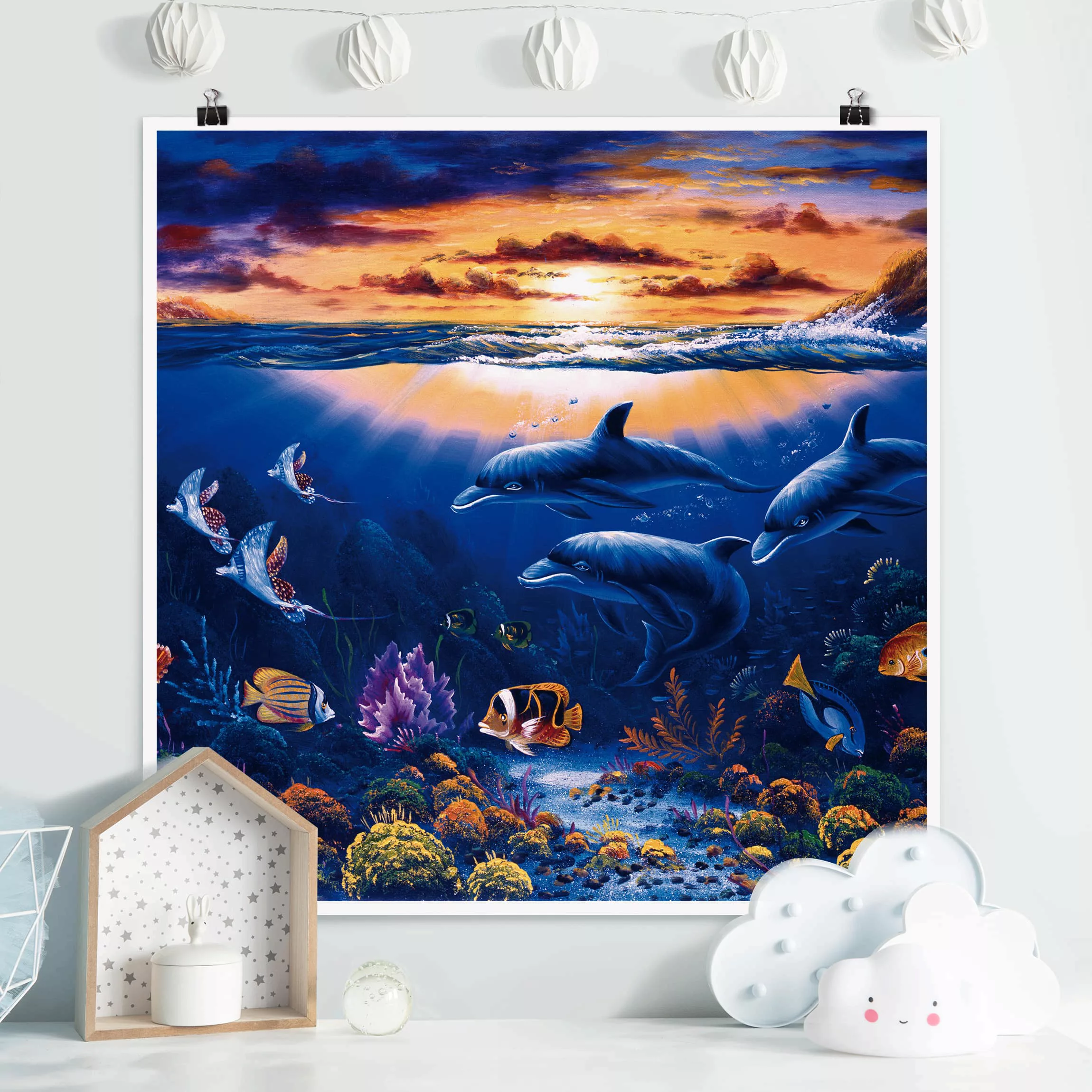 Poster Strand - Quadrat Dolphins World günstig online kaufen