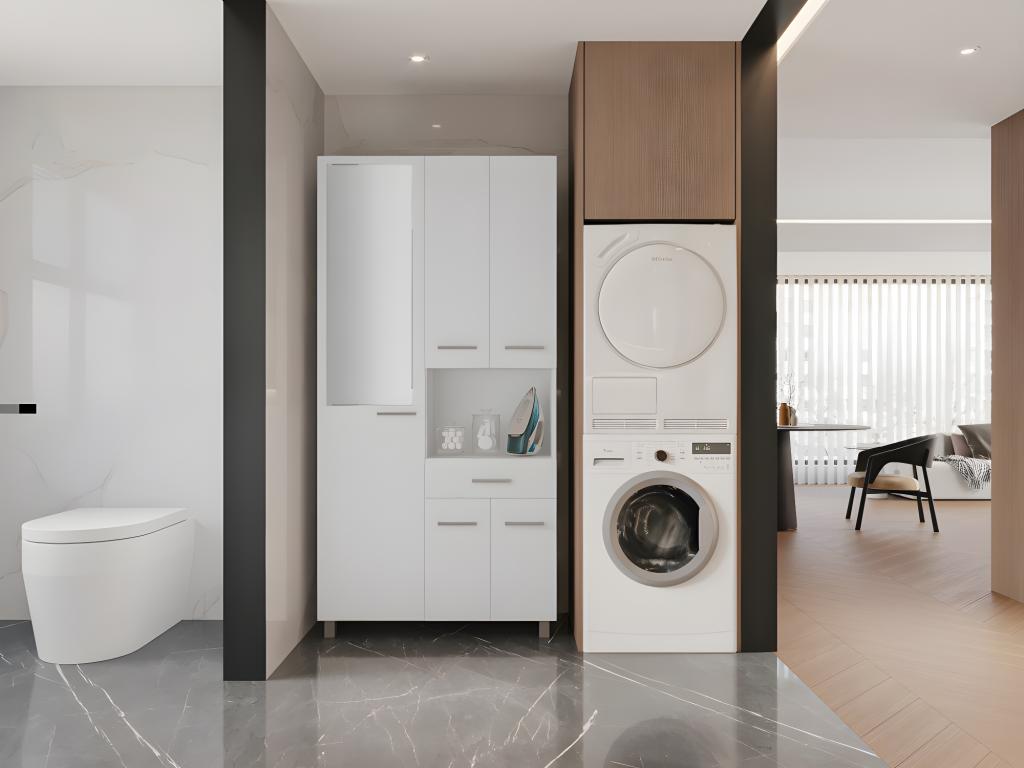 Badezimmerschrank mit Füßen und Spiegel - 180 cm - Weiß - MINELA günstig online kaufen