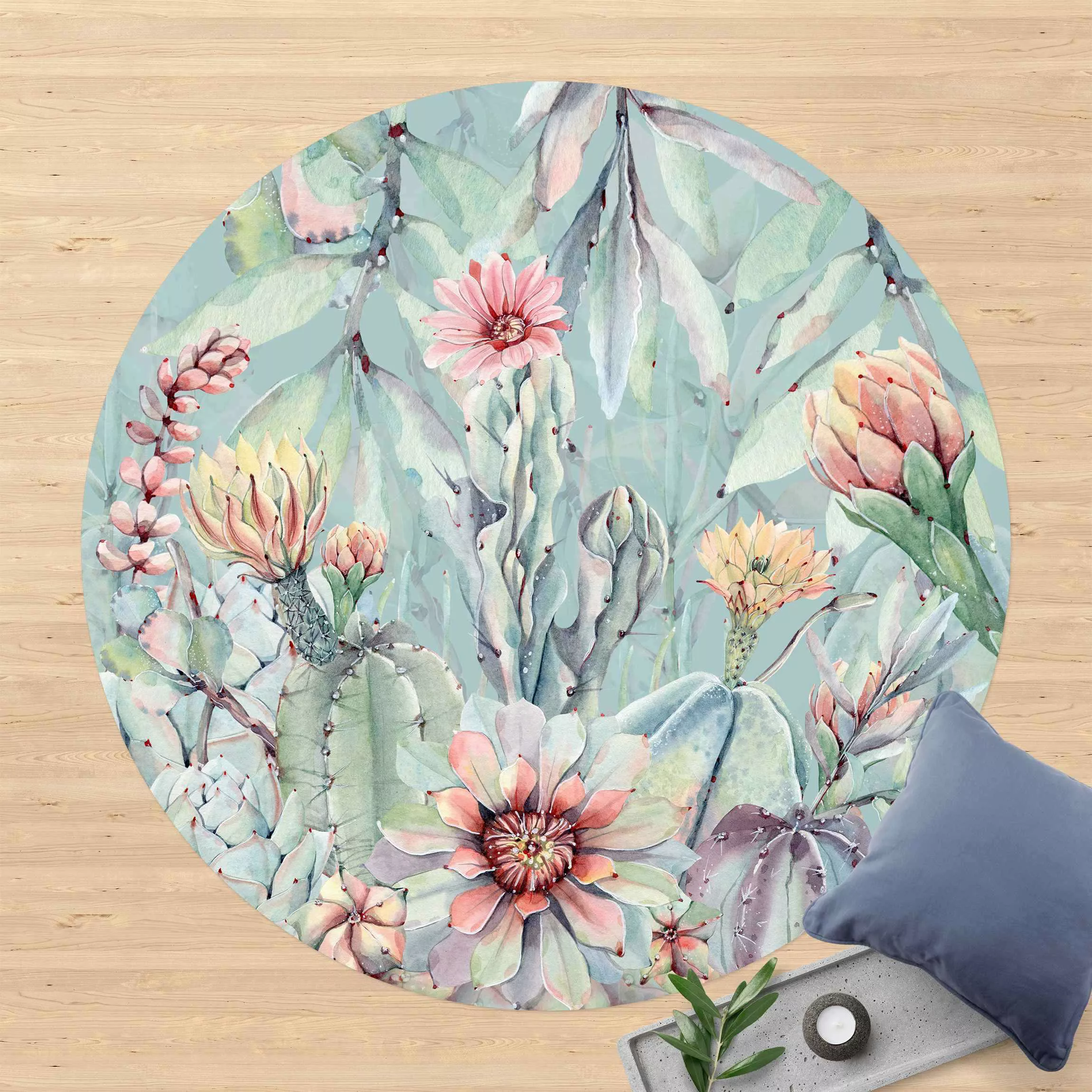 Runder Vinyl-Teppich Aquarell Blühende Kakteen Bouquet günstig online kaufen