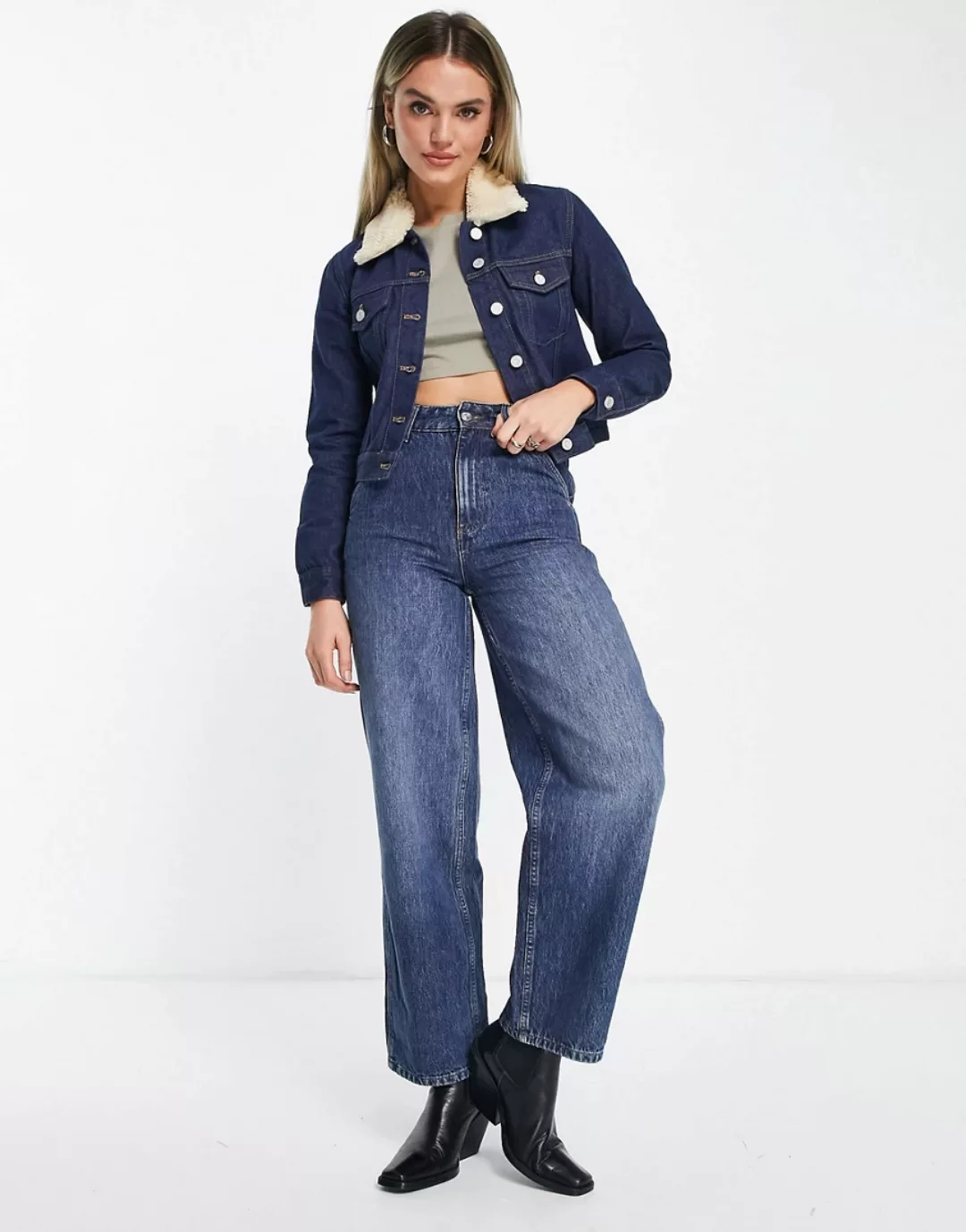 French Connection – Palmira – Kurze Jeansjacke mit abnehmbarem Wollkragen i günstig online kaufen