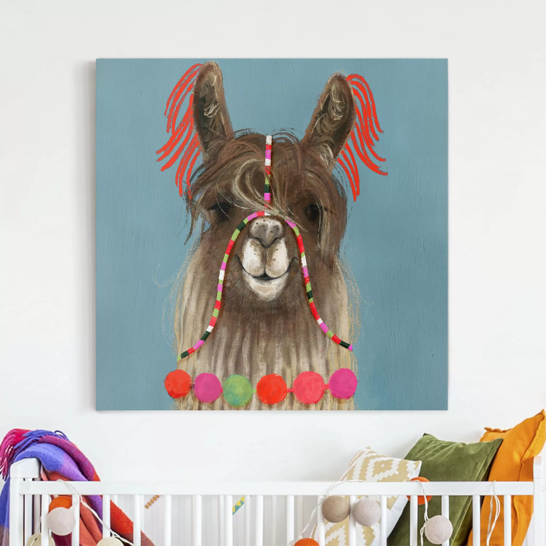 Leinwandbild Tiere - Quadrat Lama mit Schmuck I günstig online kaufen