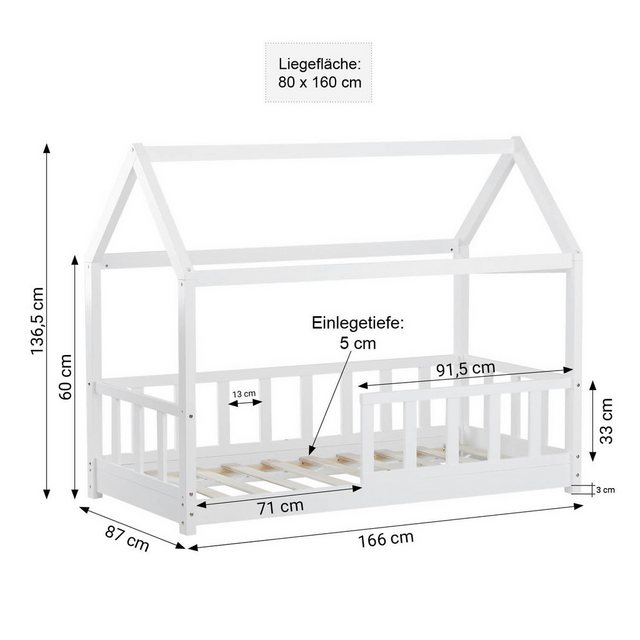 Homestyle4u Kinderbett 80x160 cm Hausbett Bodenbett Holzbett Weiß mit Rausf günstig online kaufen