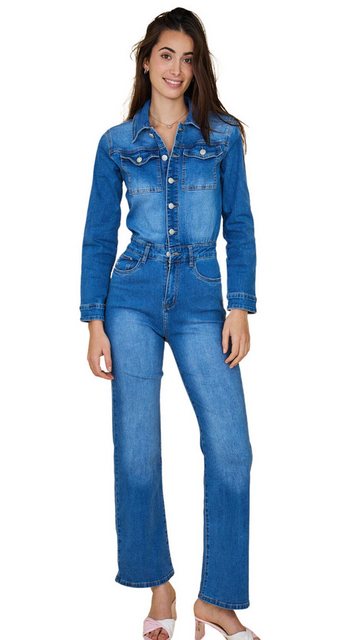 Charis Moda Jumpsuit Jeansoverall Langarm ausgestelltes Bein Flared günstig online kaufen