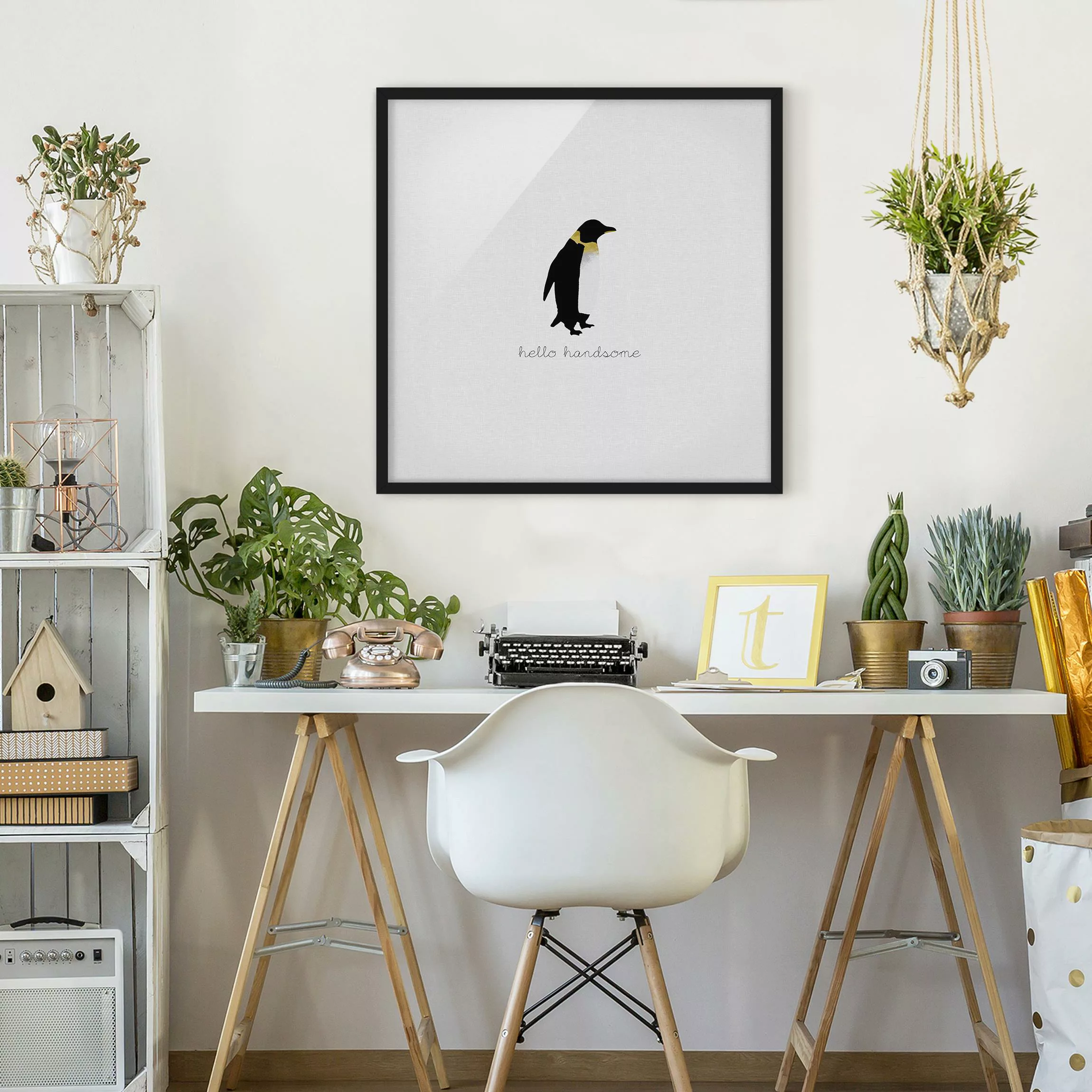 Bild mit Rahmen Pinguin Zitat Hello Handsome günstig online kaufen