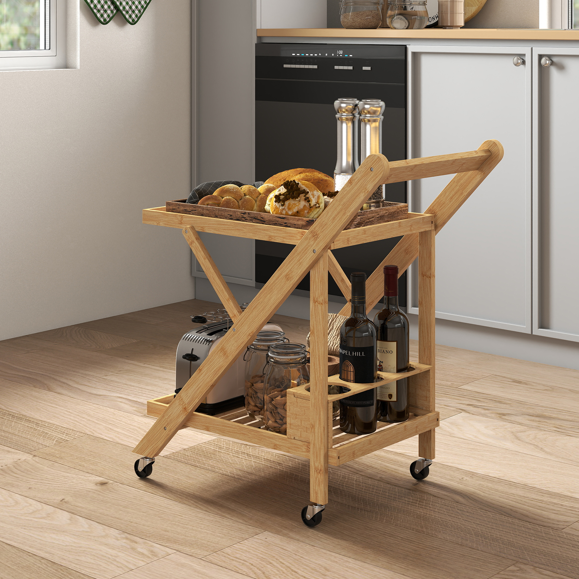 HOMCOM Küchenwagen Servierwagen mit Weinregal, Arbeitsplatte, 2 Ebenen, Rol günstig online kaufen