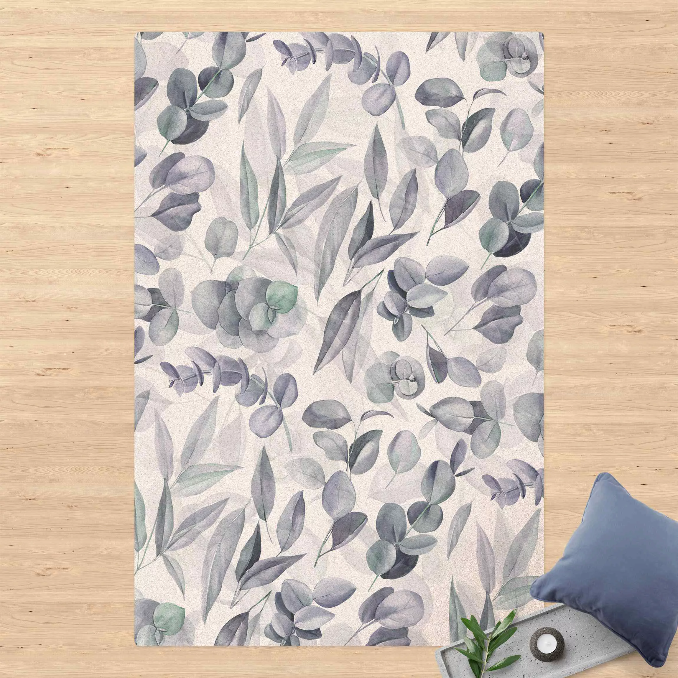 Kork-Teppich Blaue Eukalyptus Aquarellblätter günstig online kaufen