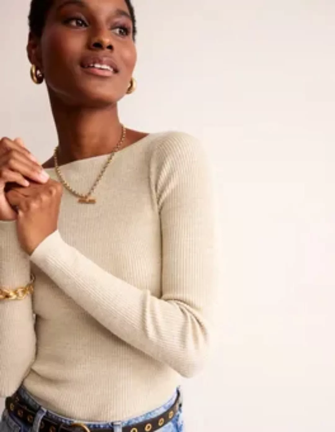 Pullover aus Baumwoll-Rippstrick mit U-Boot-Ausschnitt Damen Boden, Gold-Me günstig online kaufen