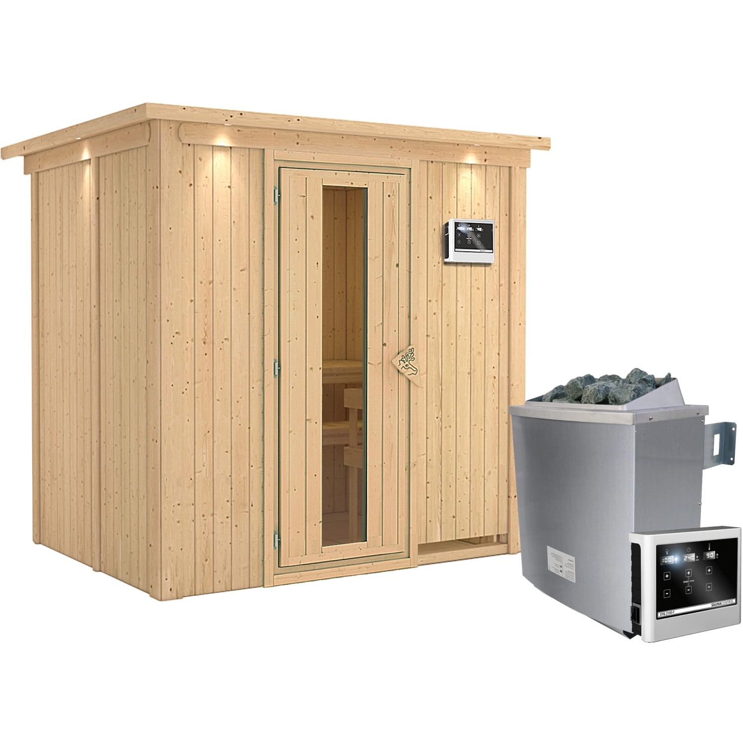 Karibu Sauna-Set Bjarne inkl. Ofen 9 kW mit ext. Steuerung, Dachkranz günstig online kaufen
