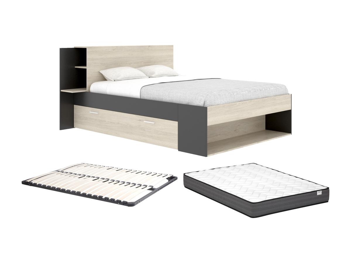 Bett mit Stauraum + Lattenrost + Matratze - 140 x 190 cm - Holzfarben & Sch günstig online kaufen
