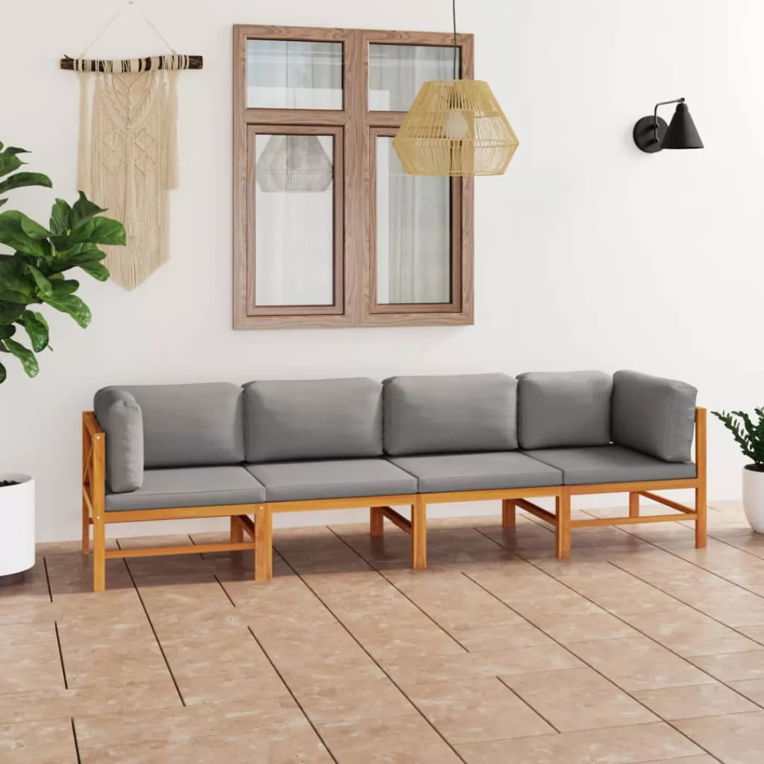 4-sitzer-gartensofa Mit Grauen Kissen Massivholz Teak günstig online kaufen