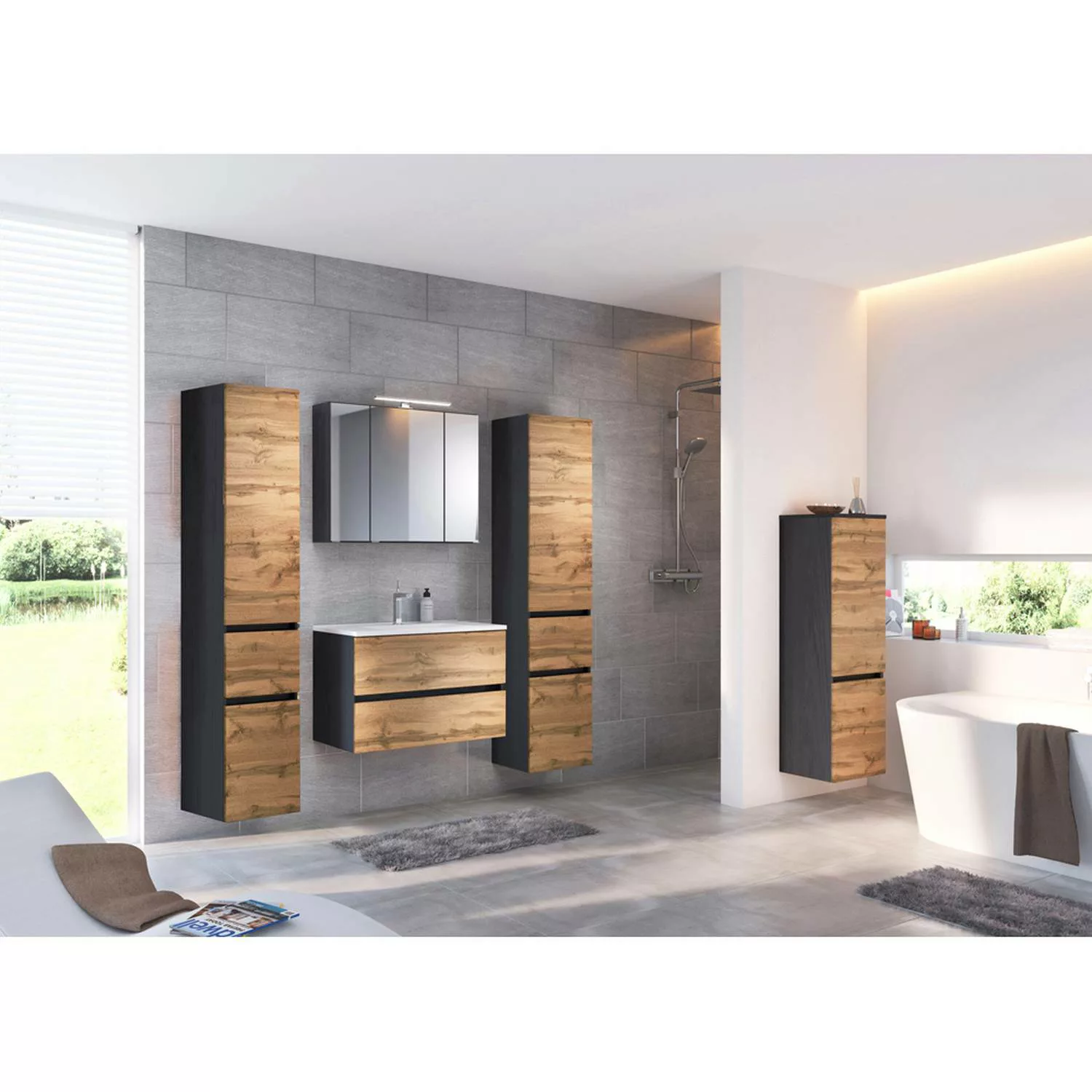 Badezimmermöbel Komplett Set LOUROSA-03 in Graphitgrau mit Wotaneiche Nb. i günstig online kaufen