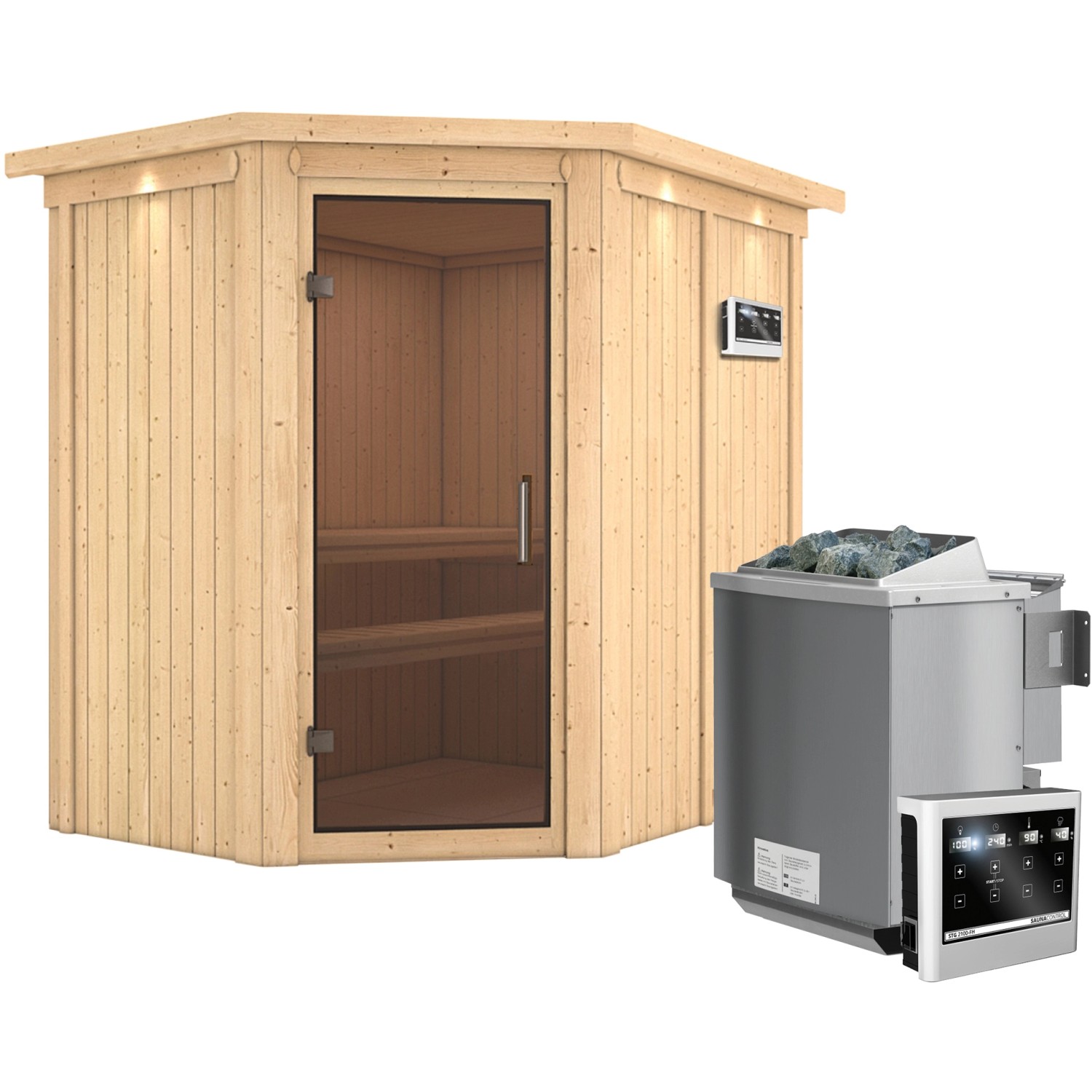Karibu Sauna Cleo inkl. Bio-Ofen 9 kW mit ext. Steuerung, Dachkranz, Tür Gr günstig online kaufen
