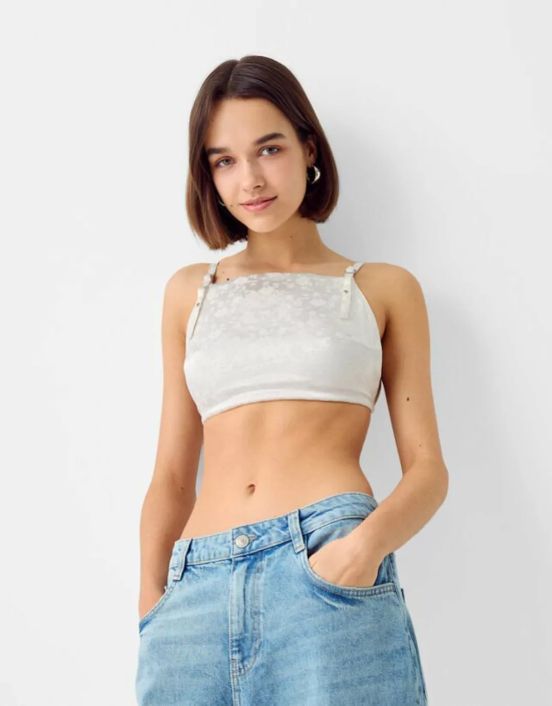 Bershka Cropped-Top Mit Trägern Aus Jacquard Damen S Rohweiß günstig online kaufen