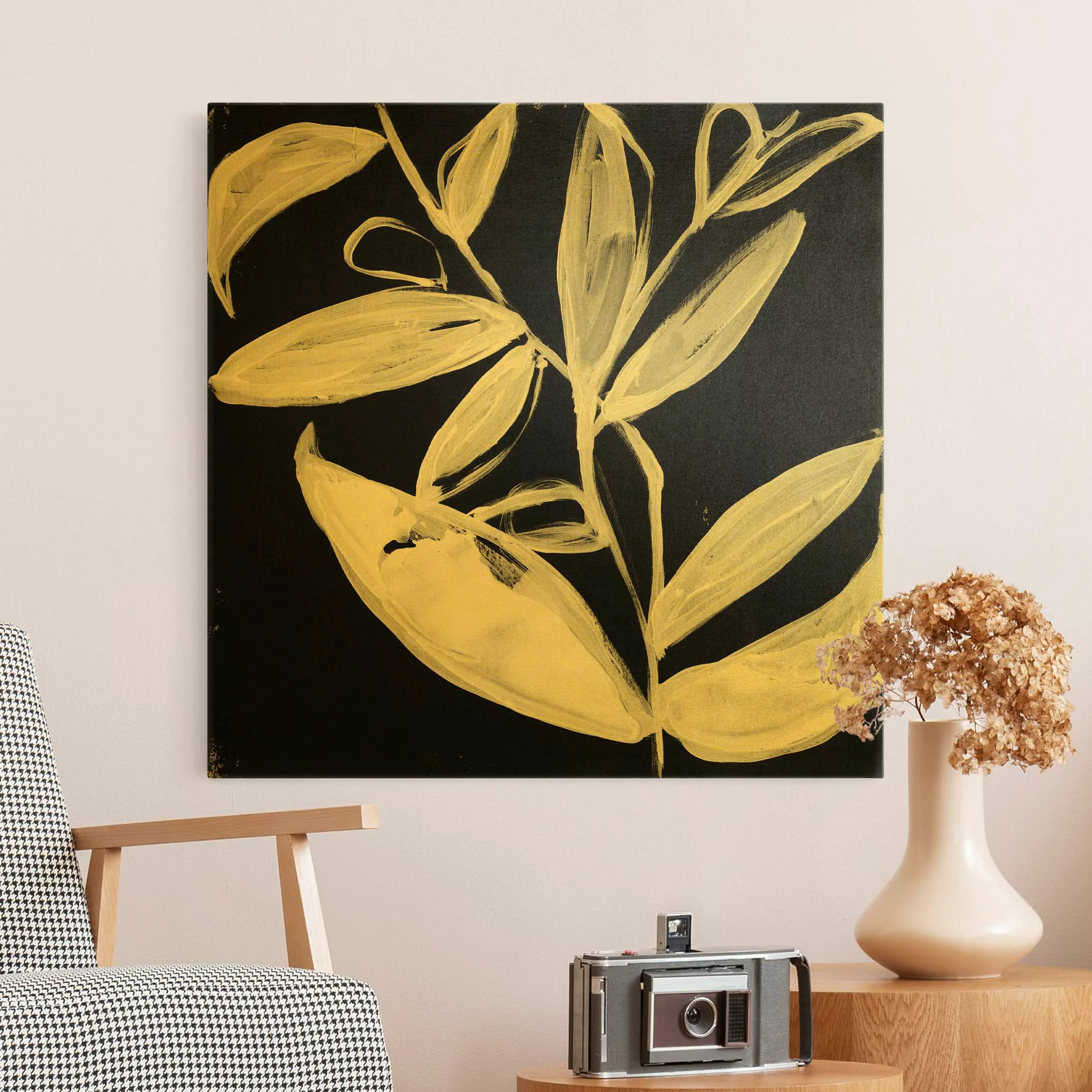 Leinwandbild Gold Gemalte Blätter auf Schwarz günstig online kaufen