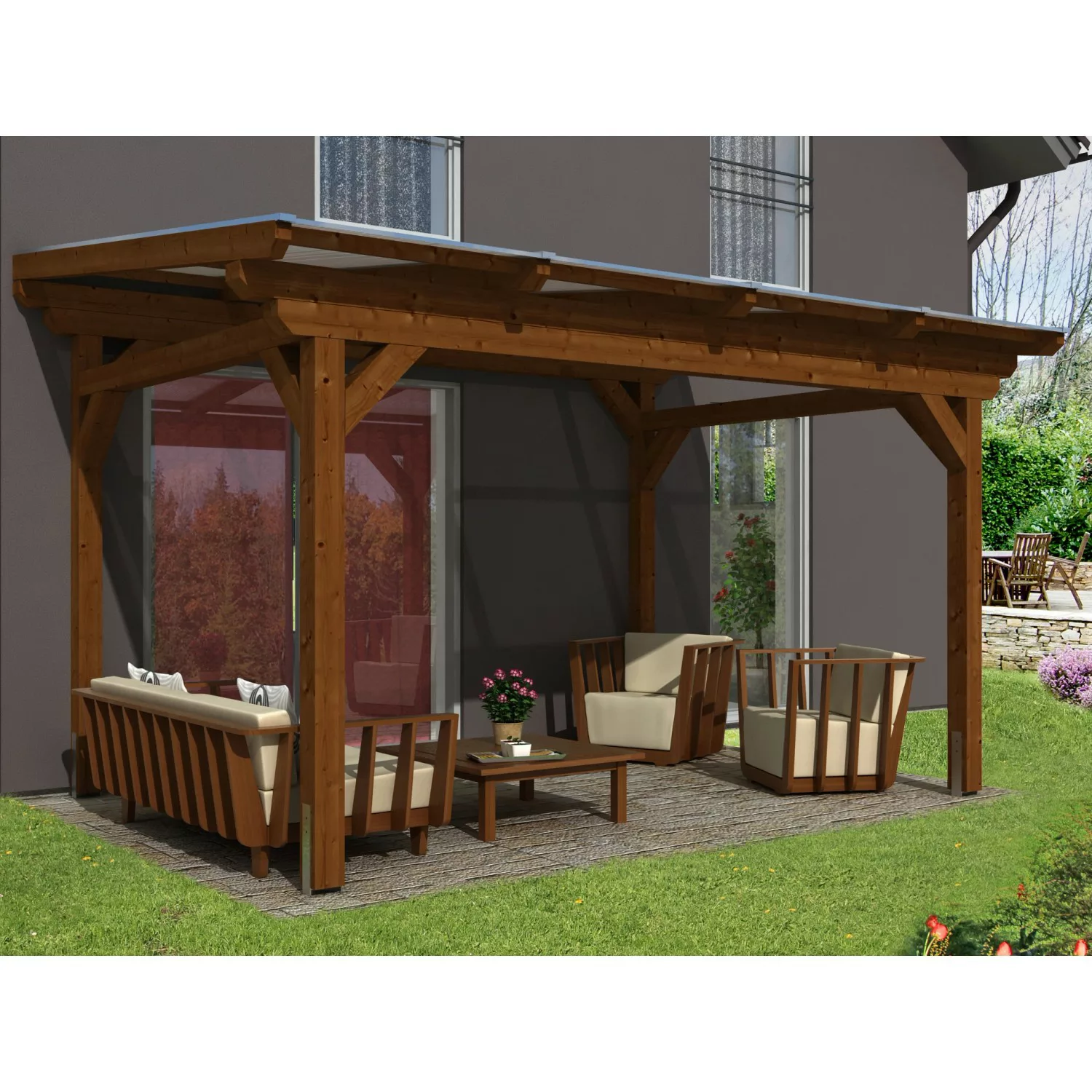 Skan Holz Terrassenüberdachung Sanremo 434 x 400 cm Leimholz Nussbaum günstig online kaufen