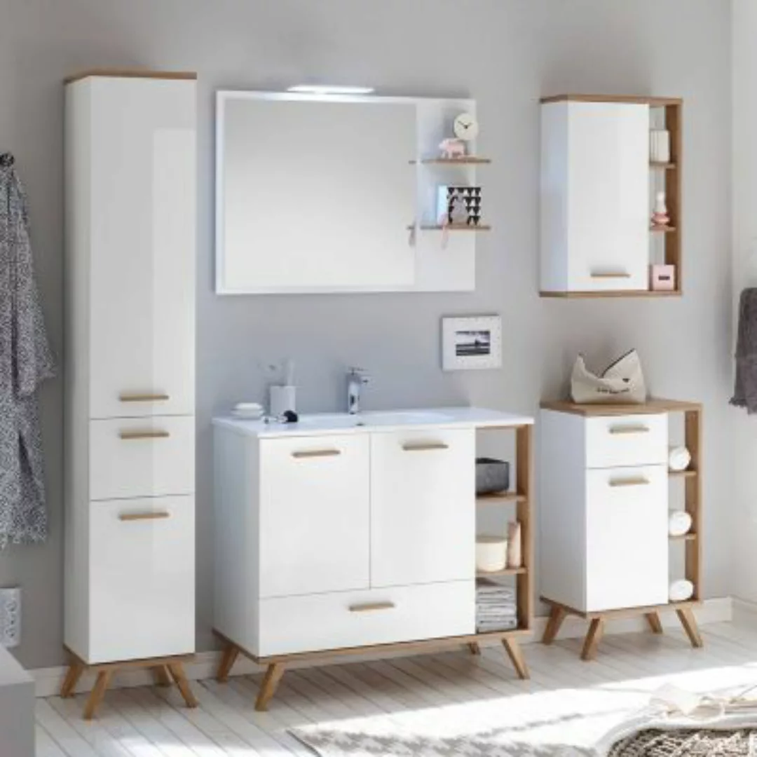 Lomadox Badezimmer Möbel MALANJE-66 Set in weiß glänzend & Riviera Eiche qu günstig online kaufen