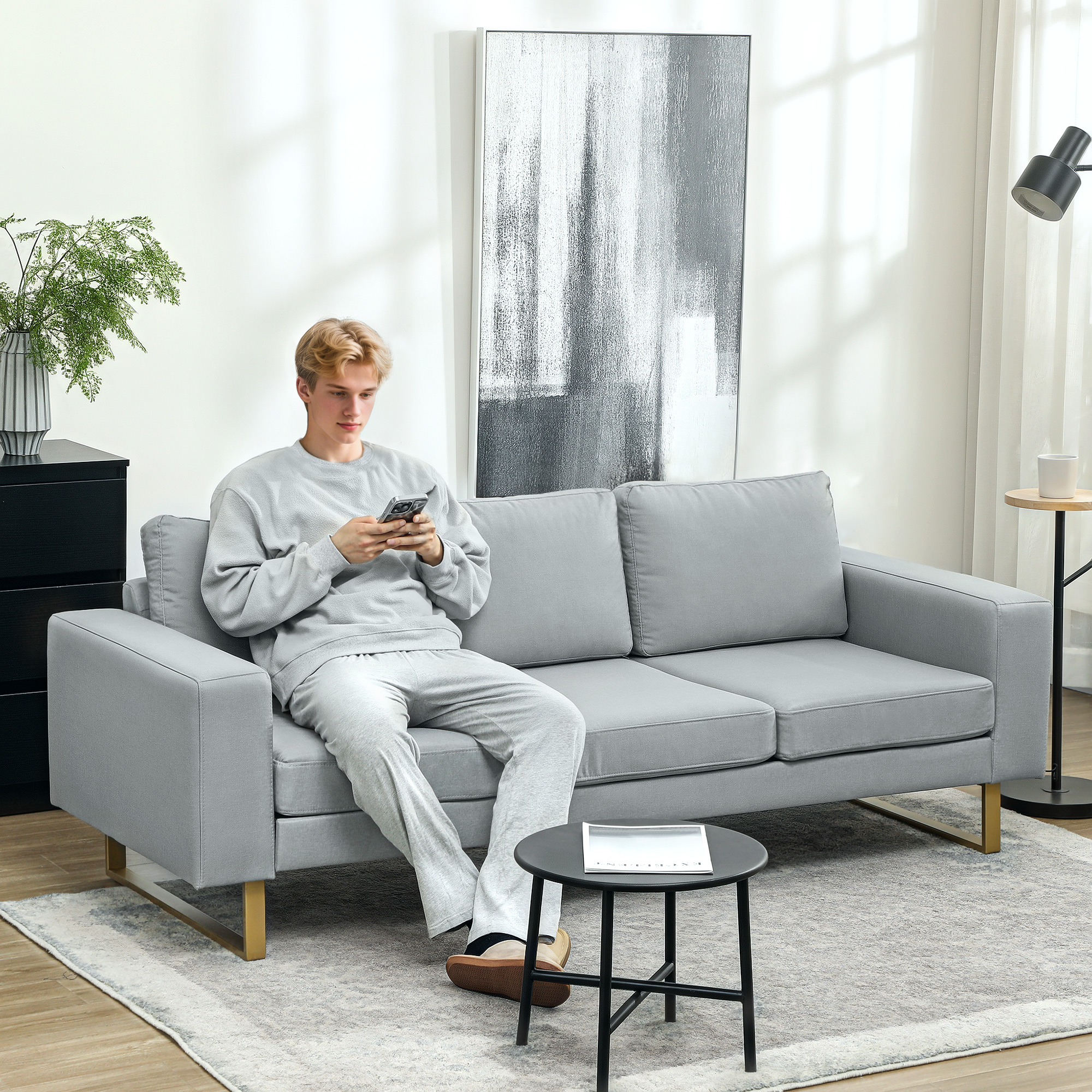 HOMCOM 3 Sitzer Sofa Dreisitzer Stoffsofa mit Kissen Armlehne Leinenoptik f günstig online kaufen