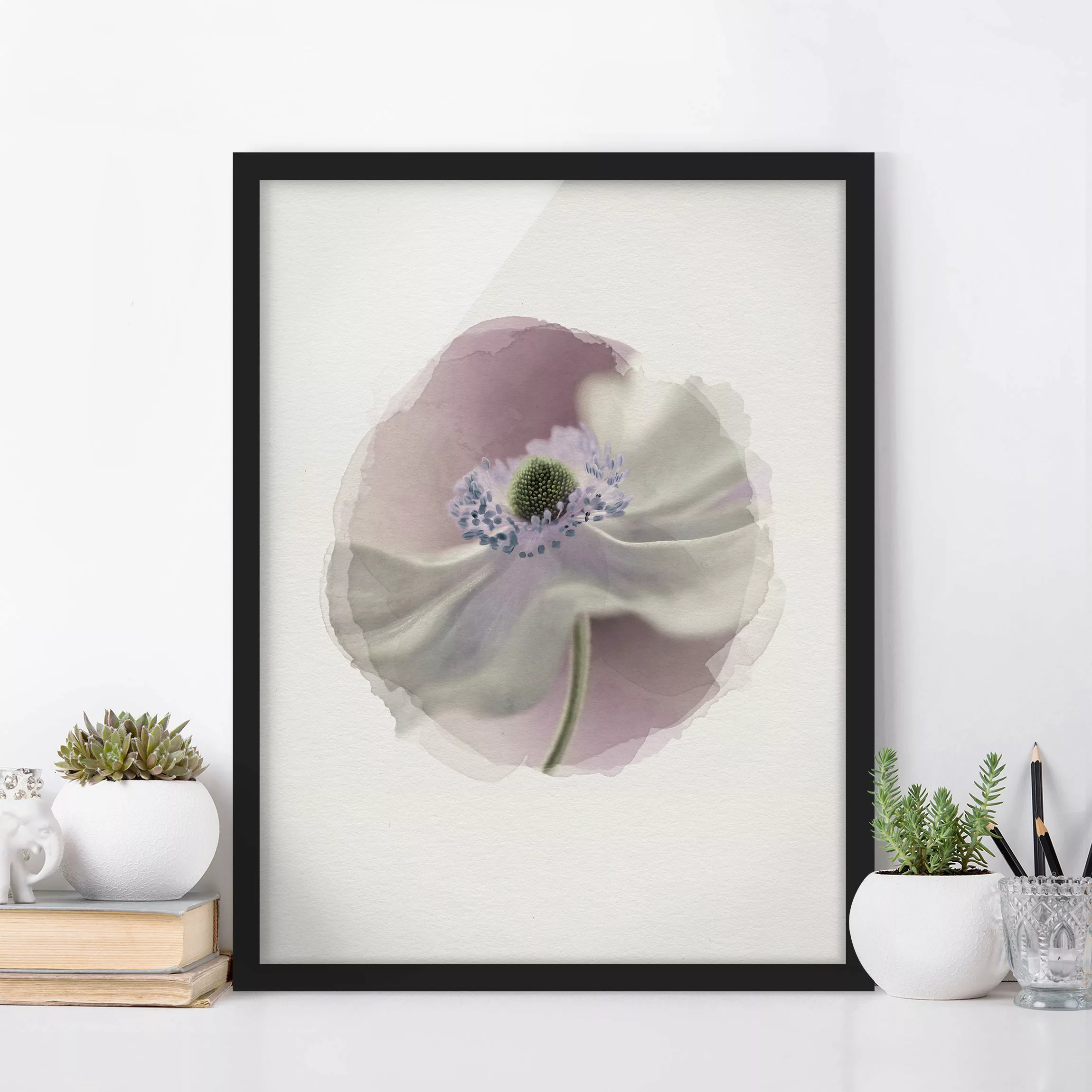 Bild mit Rahmen Blumen - Hochformat Wasserfarben - Anemonenbrise günstig online kaufen