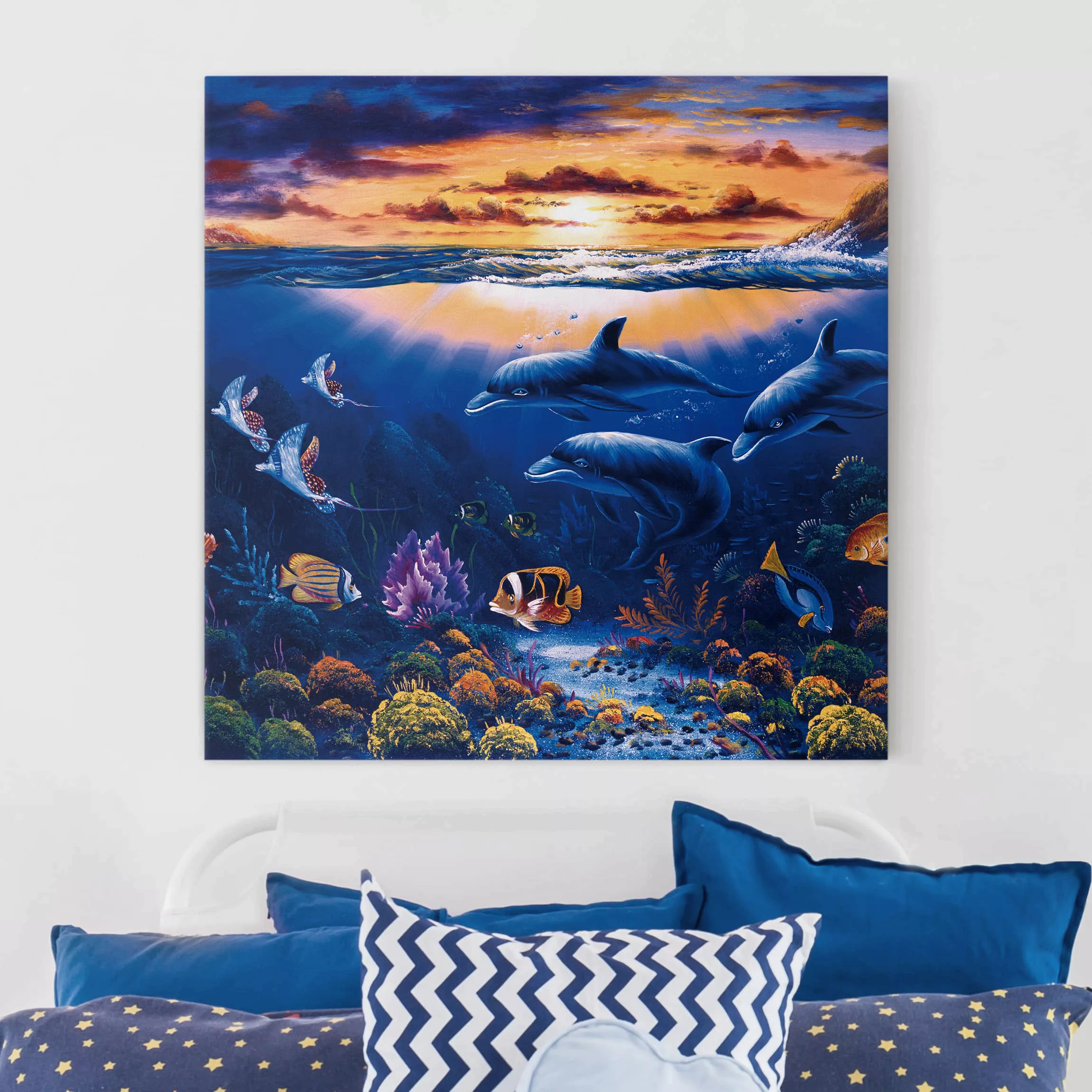 Leinwandbild Strand - Quadrat Dolphins World günstig online kaufen