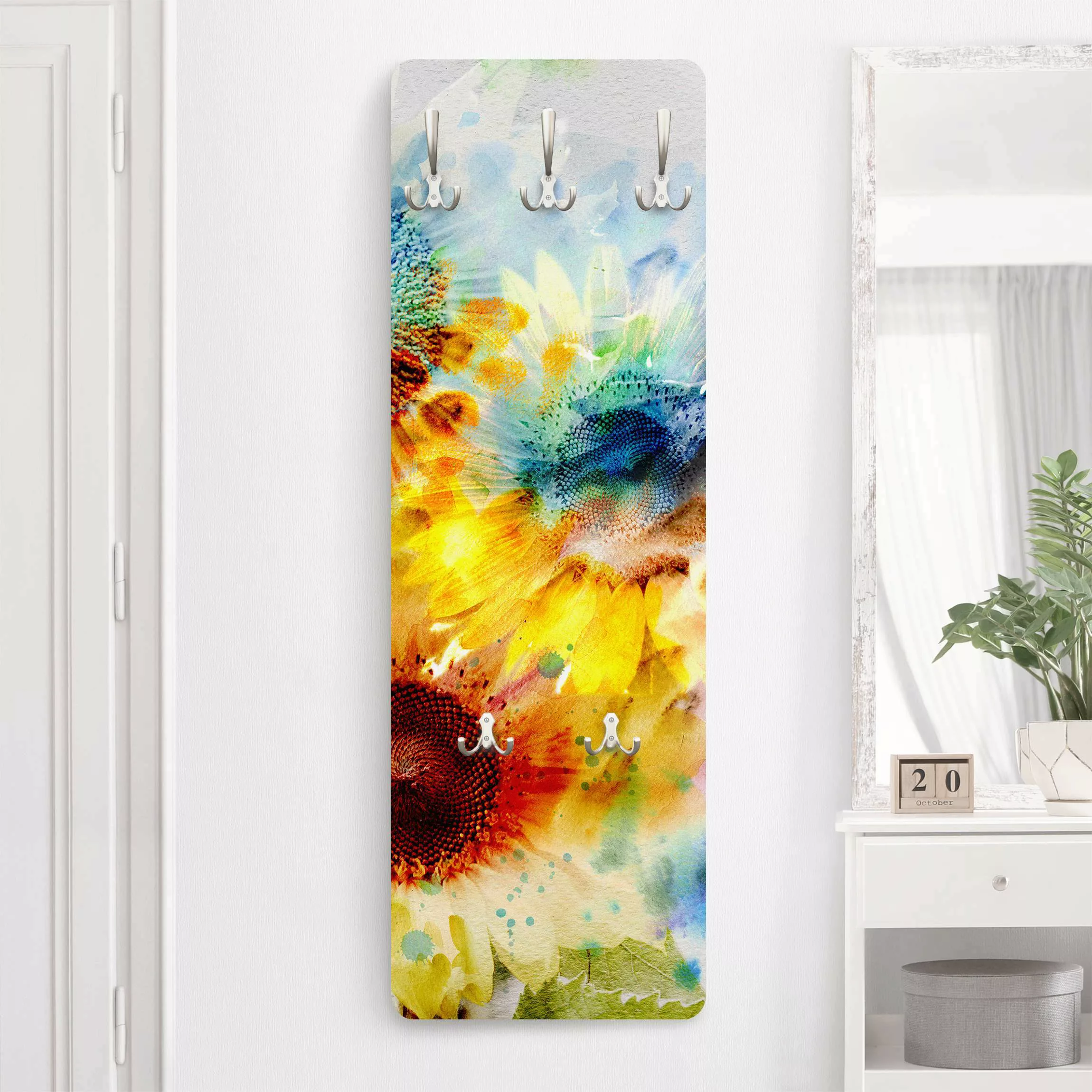 Wandgarderobe Holzpaneel Blumen Aquarell Blumen Sonnenblumen günstig online kaufen