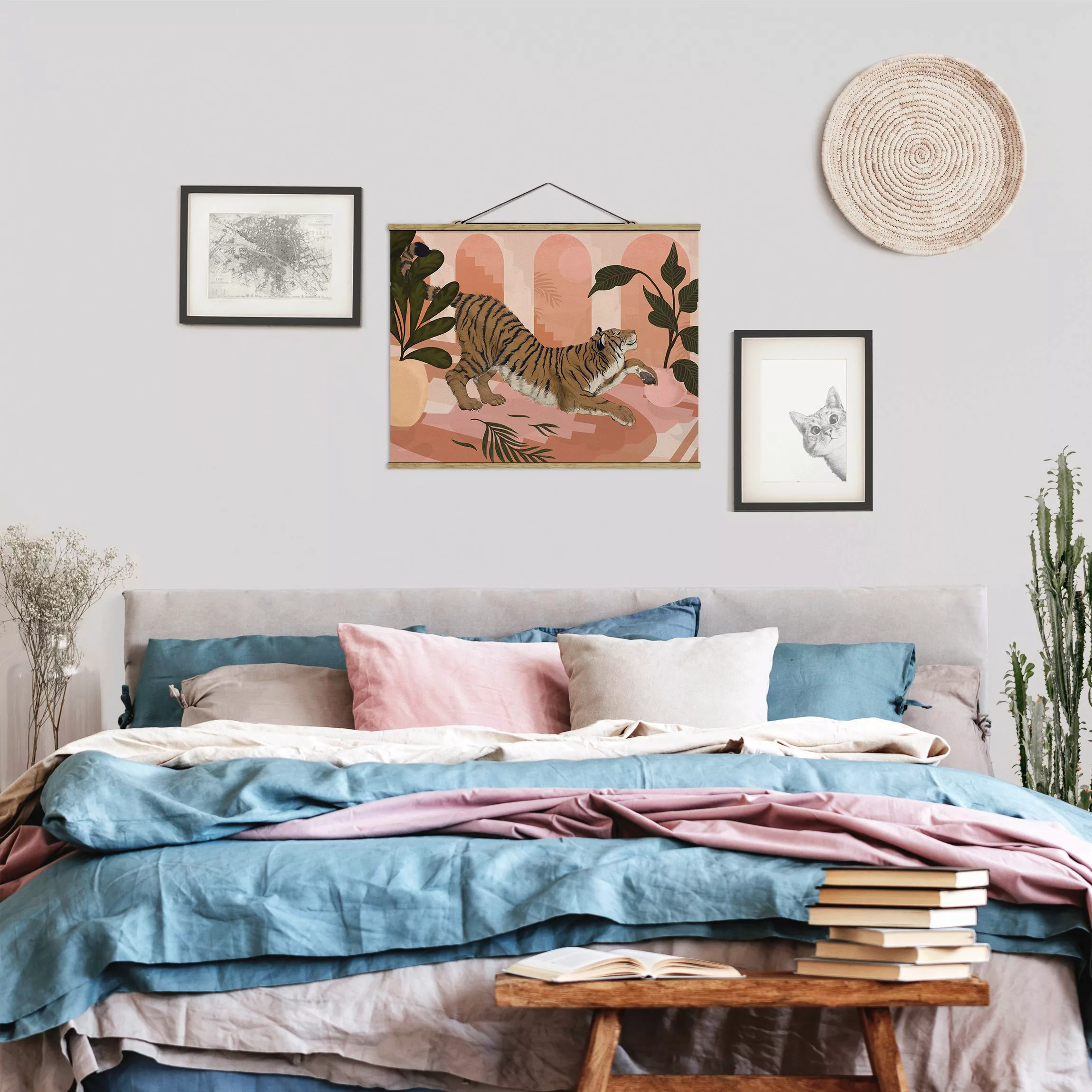 Stoffbild Tiere mit Posterleisten - Querformat Illustration Tiger in Pastel günstig online kaufen