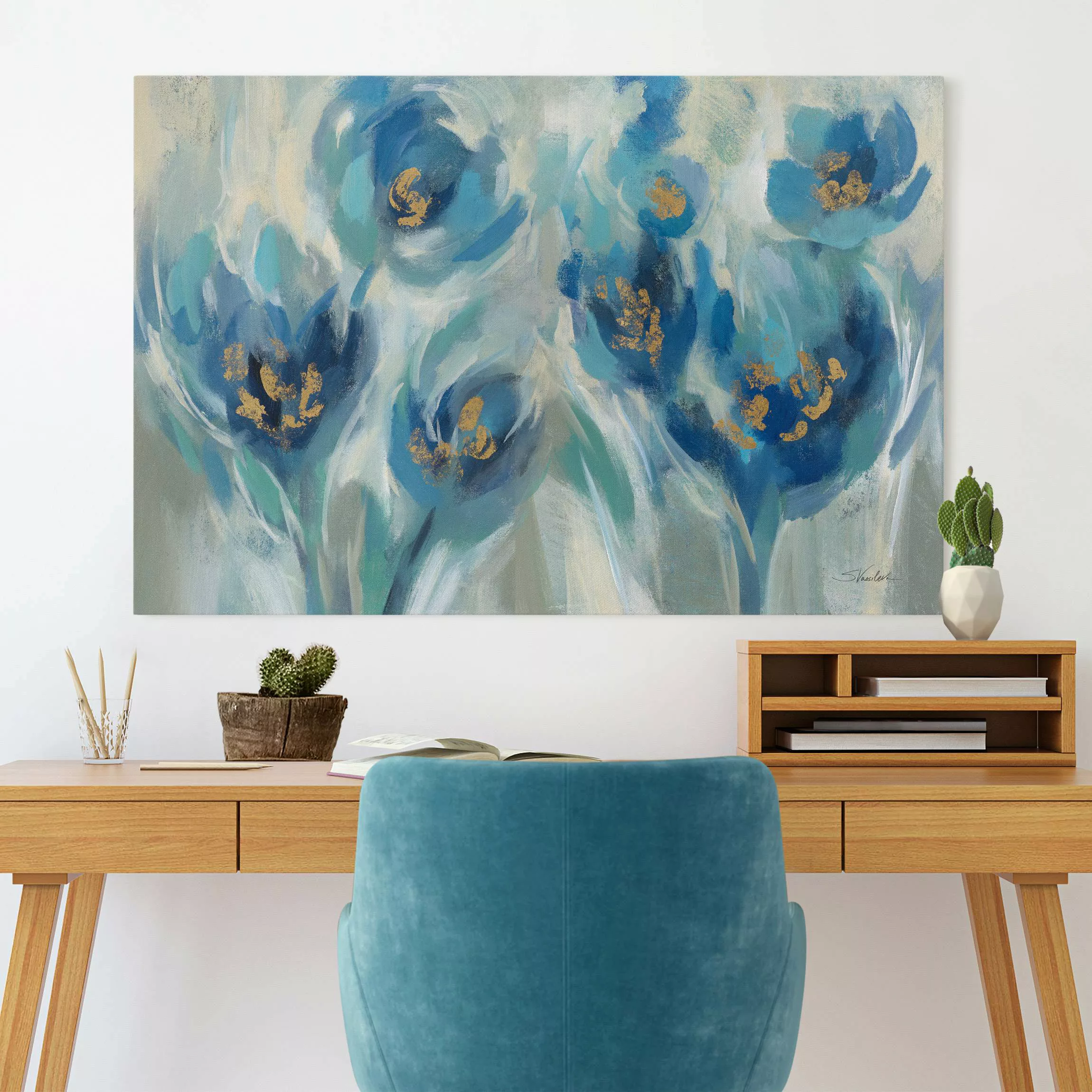 Leinwandbild Blaues Märchen mit Blumen günstig online kaufen