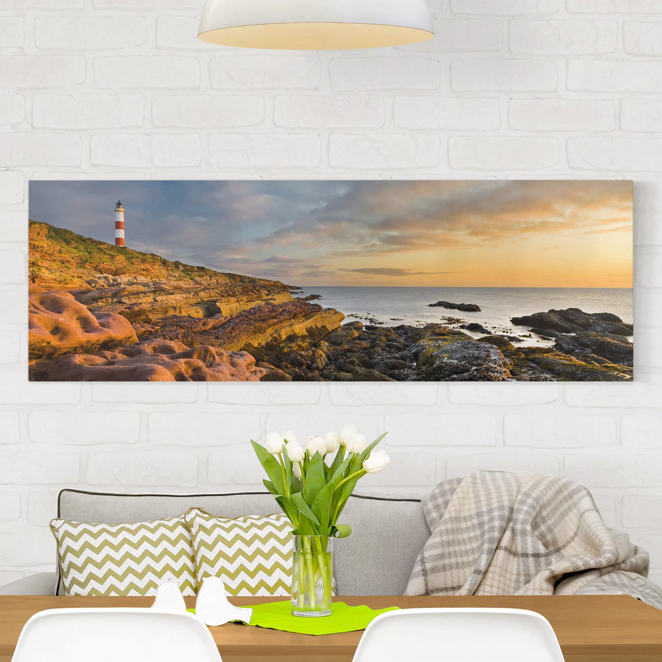 Leinwandbild Leuchtturm - Panorama Tarbat Ness Leuchtturm und Sonnenunterga günstig online kaufen