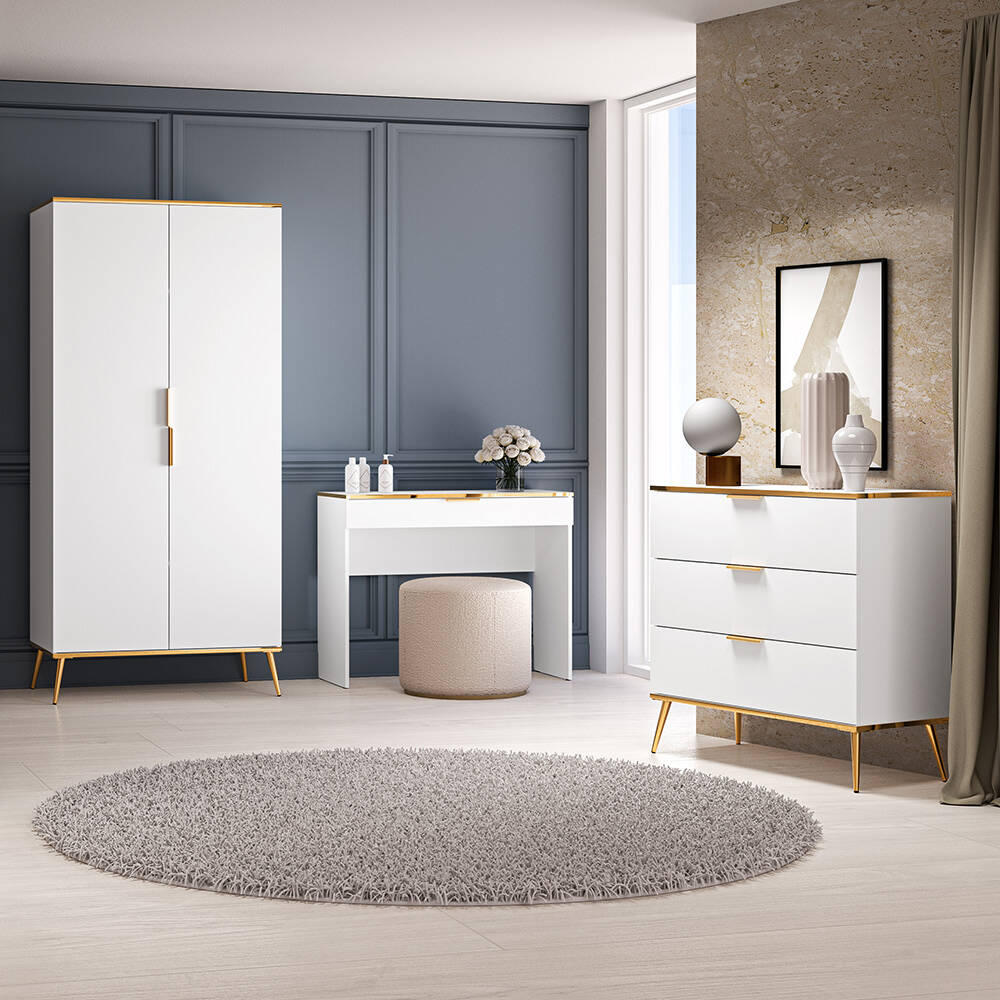 Schlafzimmermöbel Set 3-teilig weiß mit goldfarbenen Details, VLORA-131 günstig online kaufen