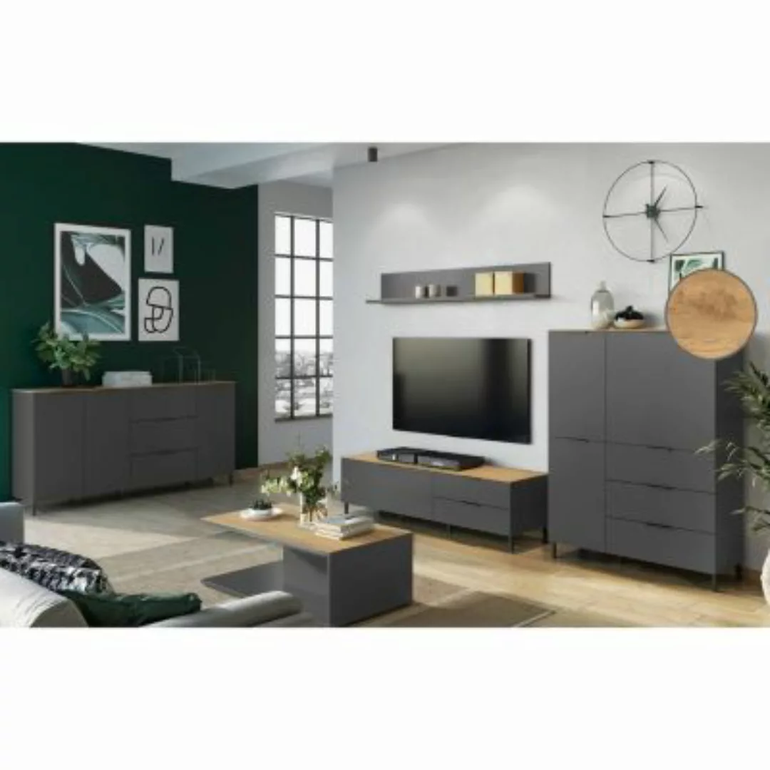 Lomadox Wohnzimmer Set RIOS-01 in graphit mit Navarra Eiche Nb., B/H/T: ca. günstig online kaufen