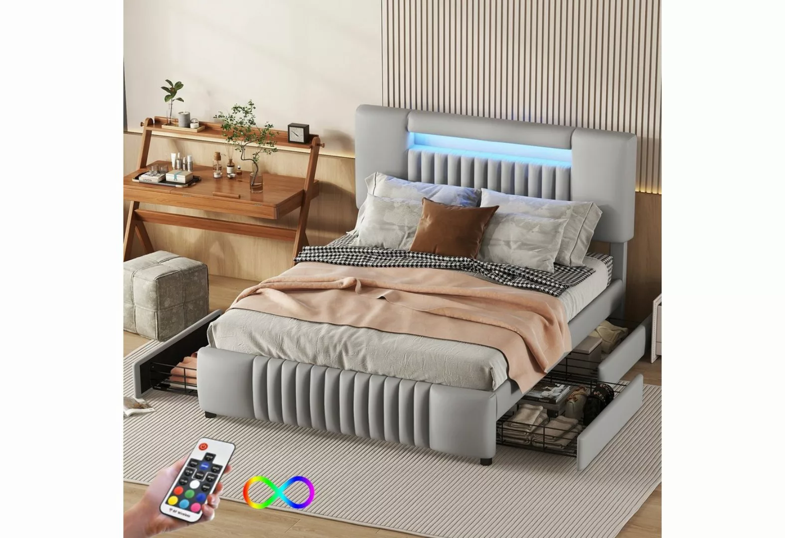 REDOM Polsterbett Bett, Doppelbett mit vier Schubladen (140 x 200cm, Gästeb günstig online kaufen