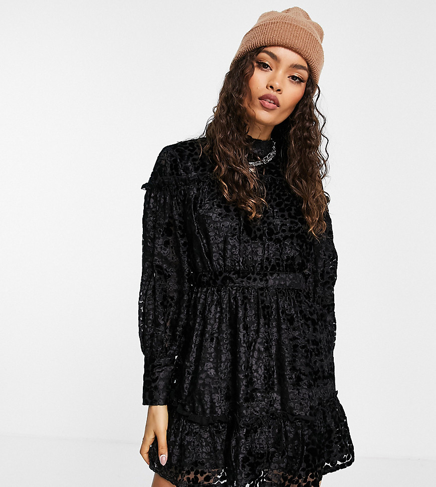 Topshop – Devore – Gestuftes Minikleid mit Animalprint in Schwarz günstig online kaufen