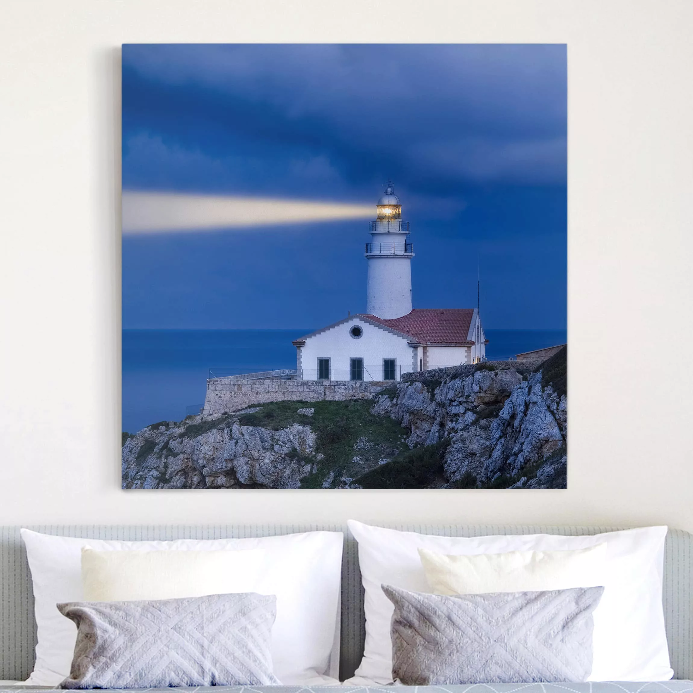 Leinwandbild Strand - Quadrat Lighthouse At Far De Capdepera günstig online kaufen